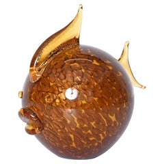 Vintage Puffer Fish Sculpture in Murano Glass with Golden Fishscales, Italy, 1980s
