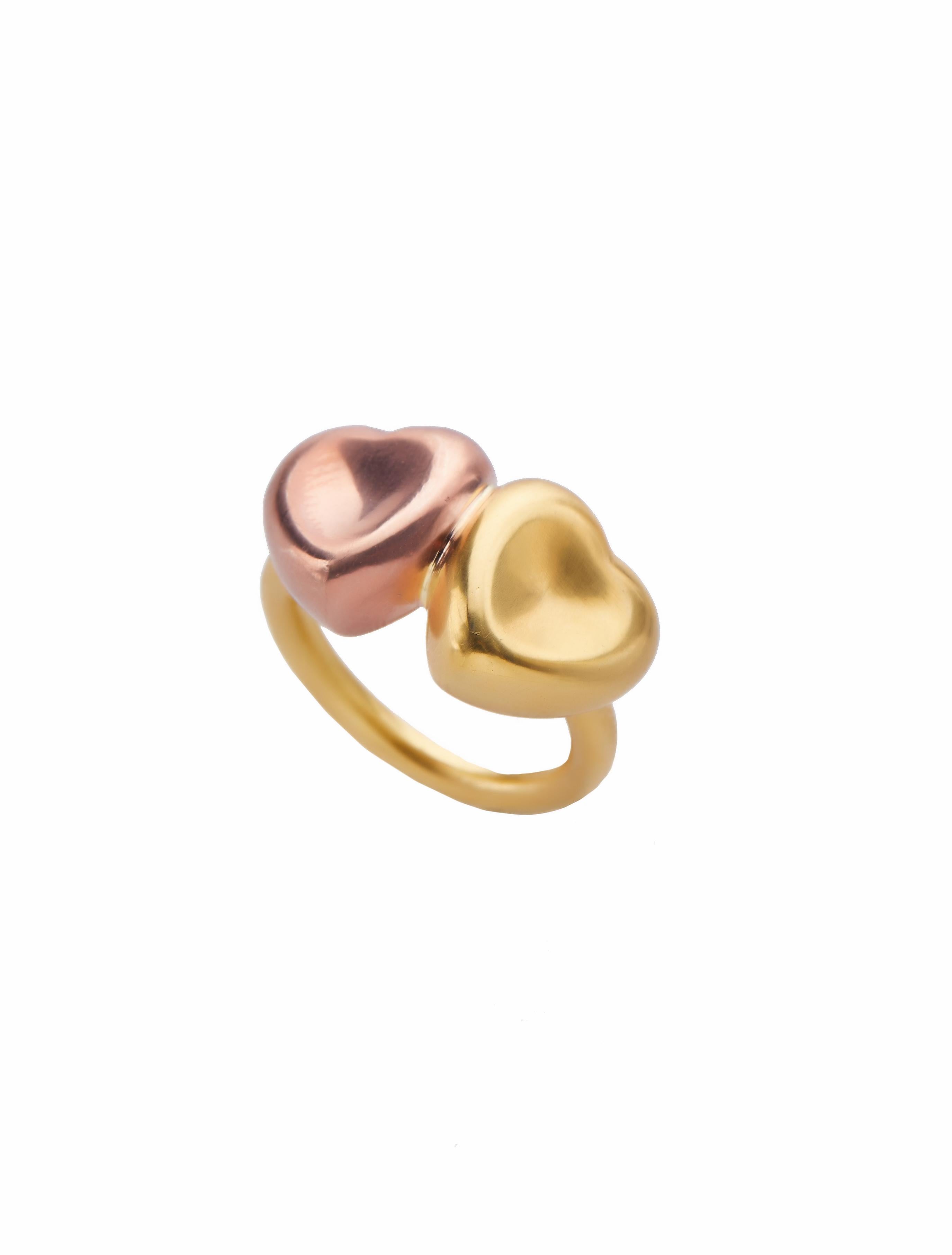 Puffy Double Heart Ring 18 Karat Yellow Gold For Sale 1