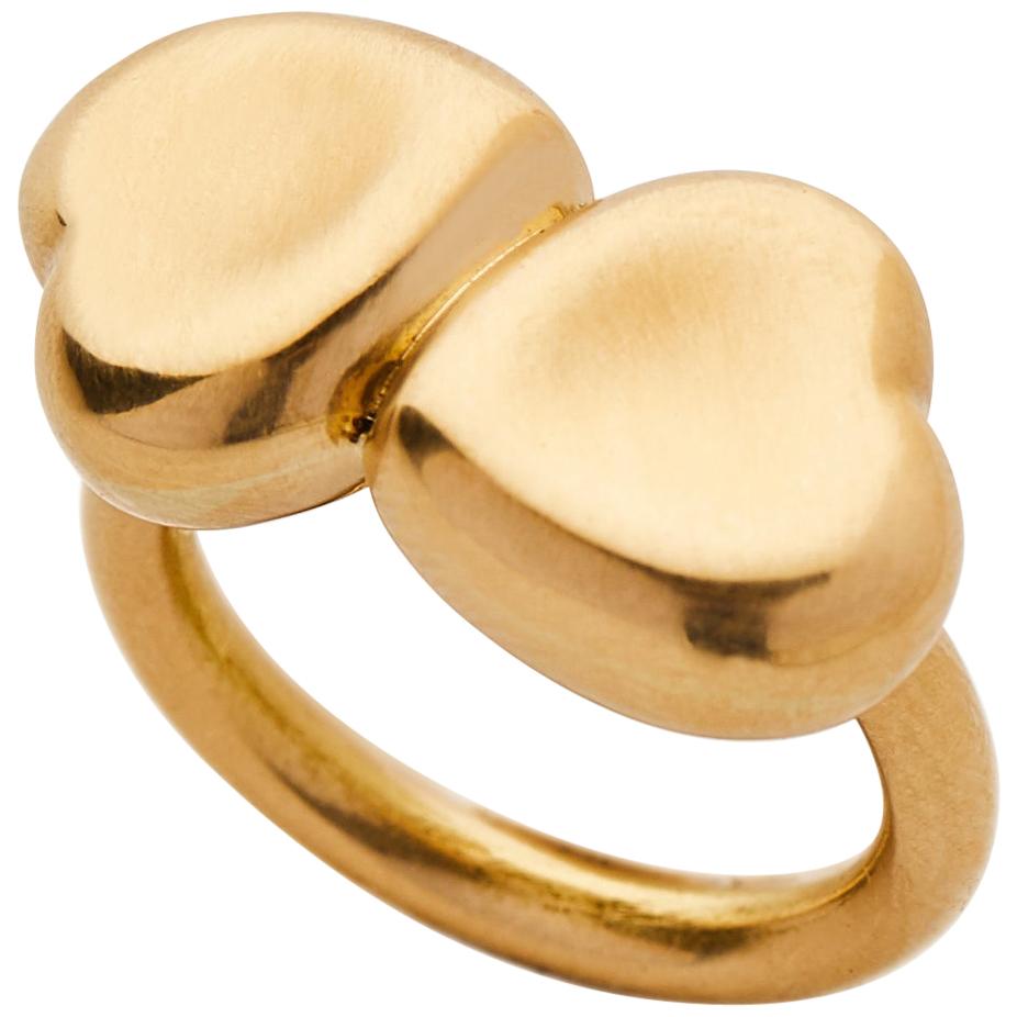 Puffy Double Heart Ring 18 Karat Yellow Gold For Sale