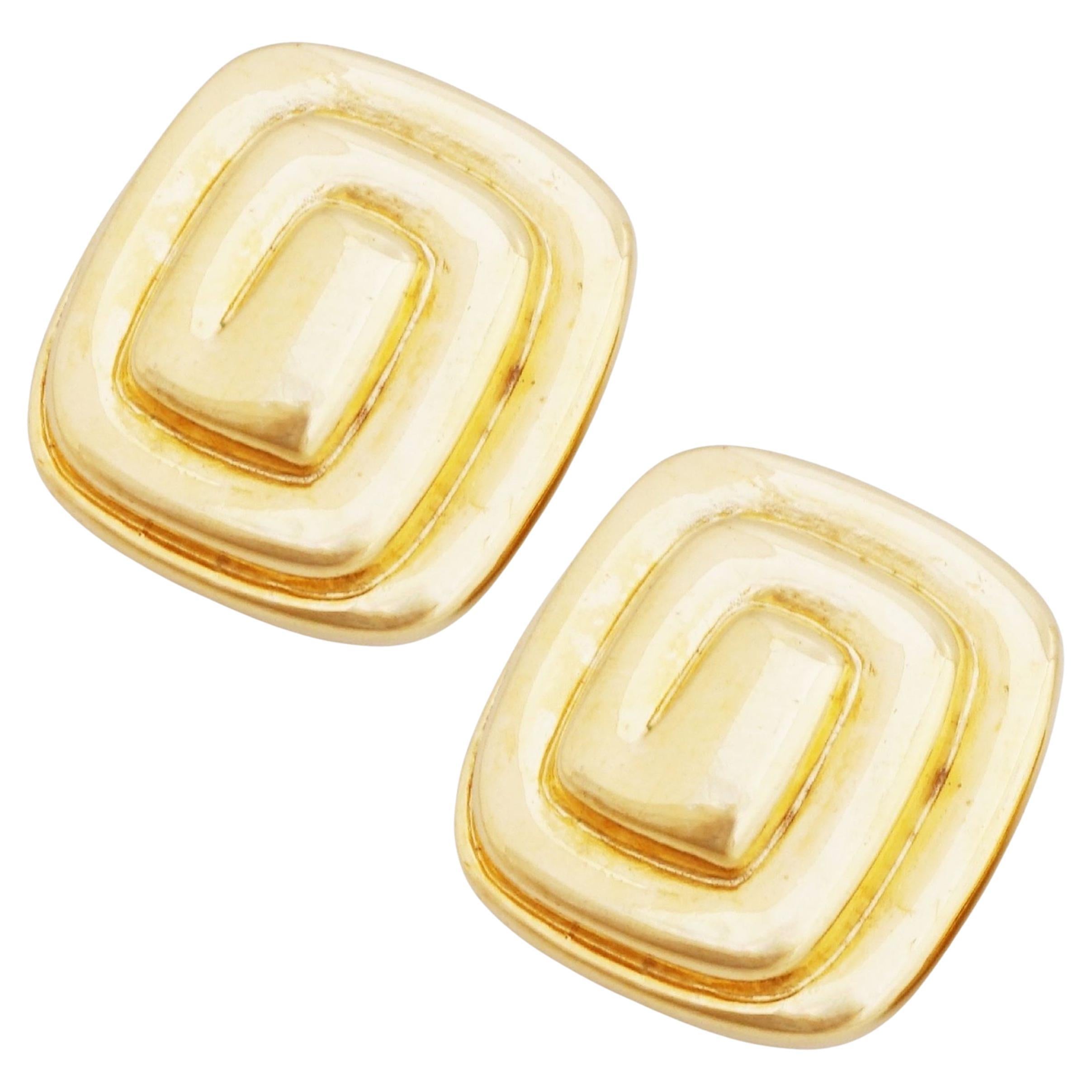 Puffy Gold Rectangular Coil Earrings By Givenchy, 1980s For Sale