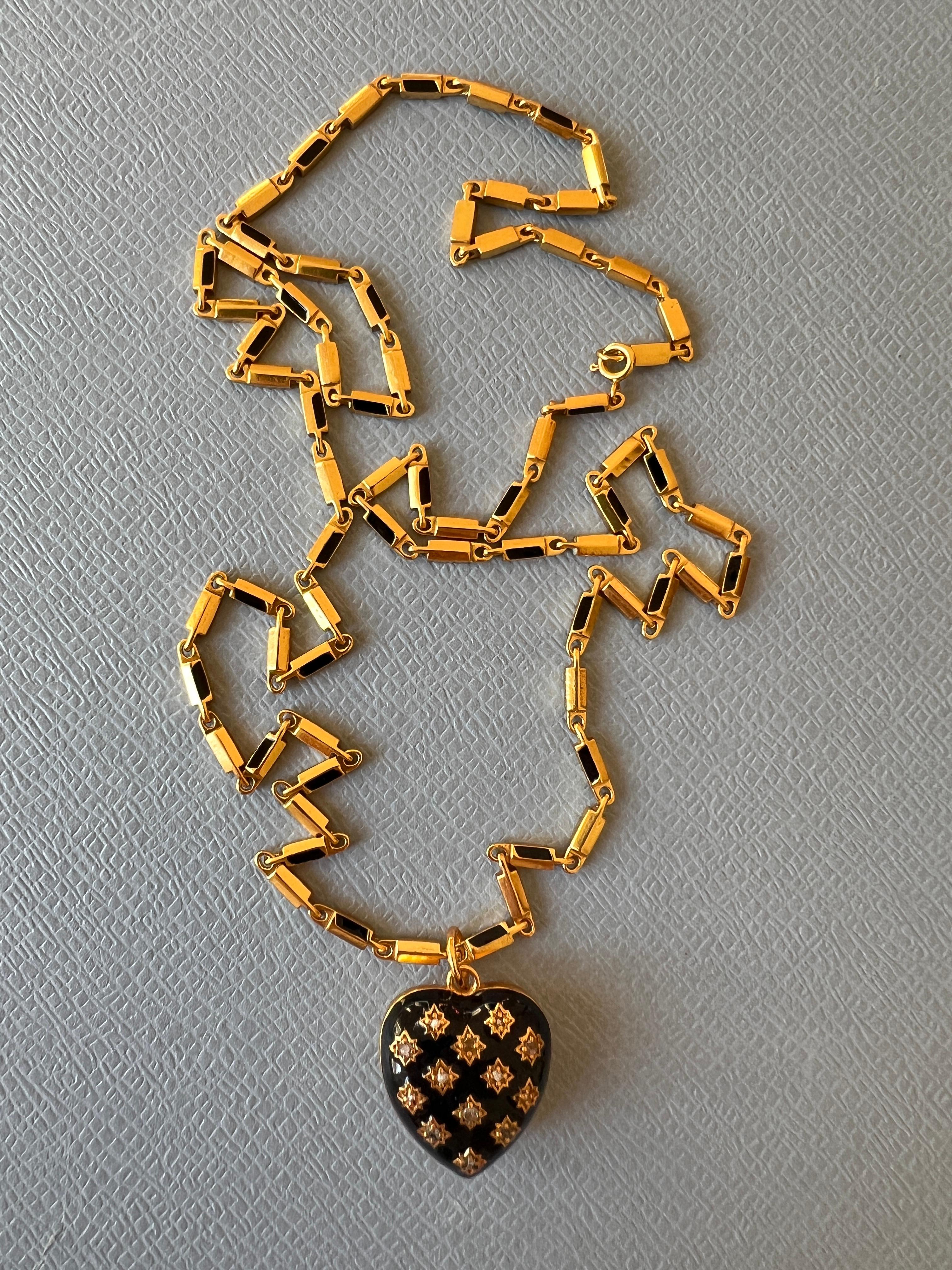 Collana con cuore gonfio Diamante bianco Smalto nero Stile vittoriano in vendita 5