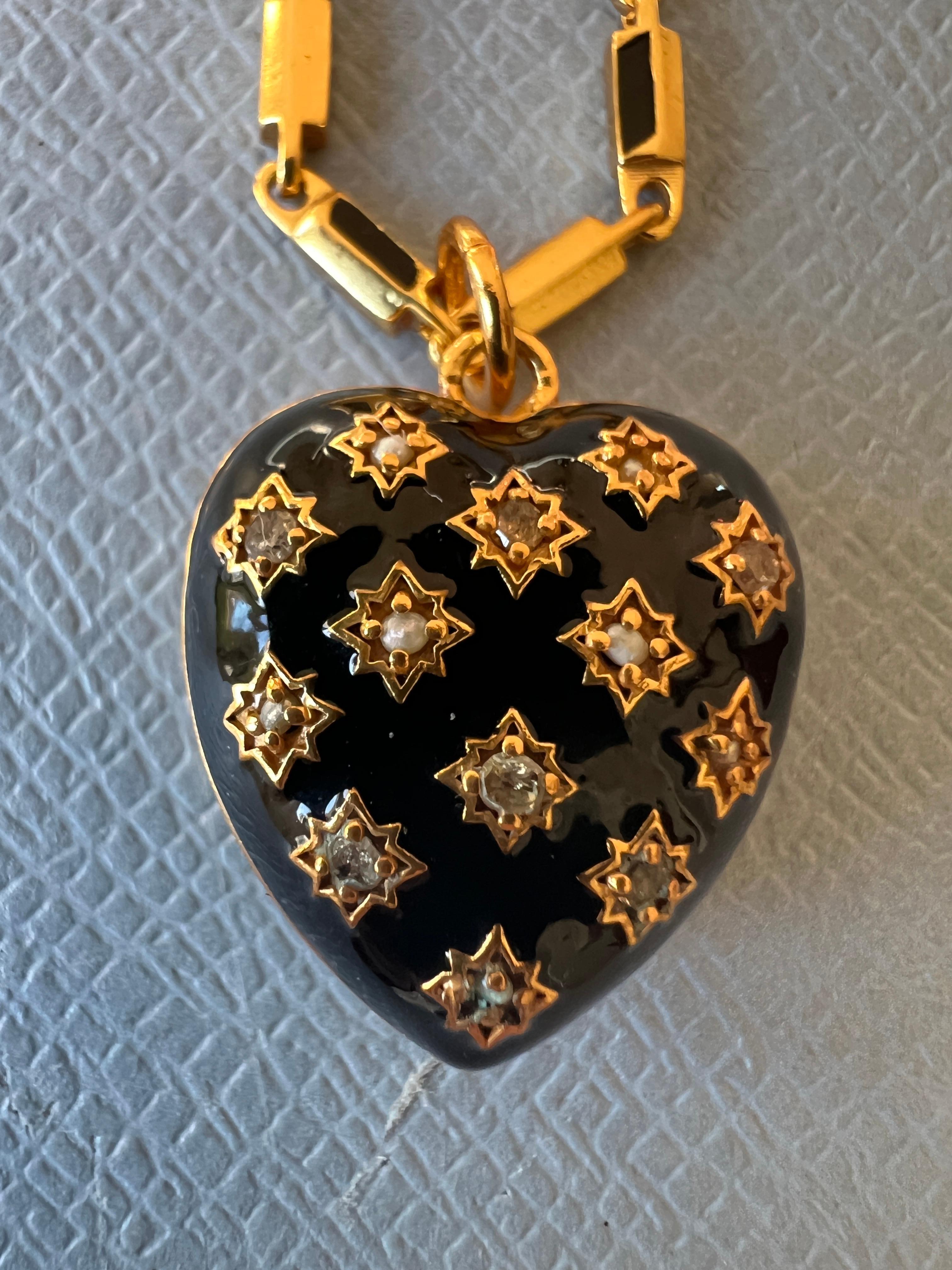 da uomo o donna Collana con cuore gonfio Diamante bianco Smalto nero Stile vittoriano in vendita