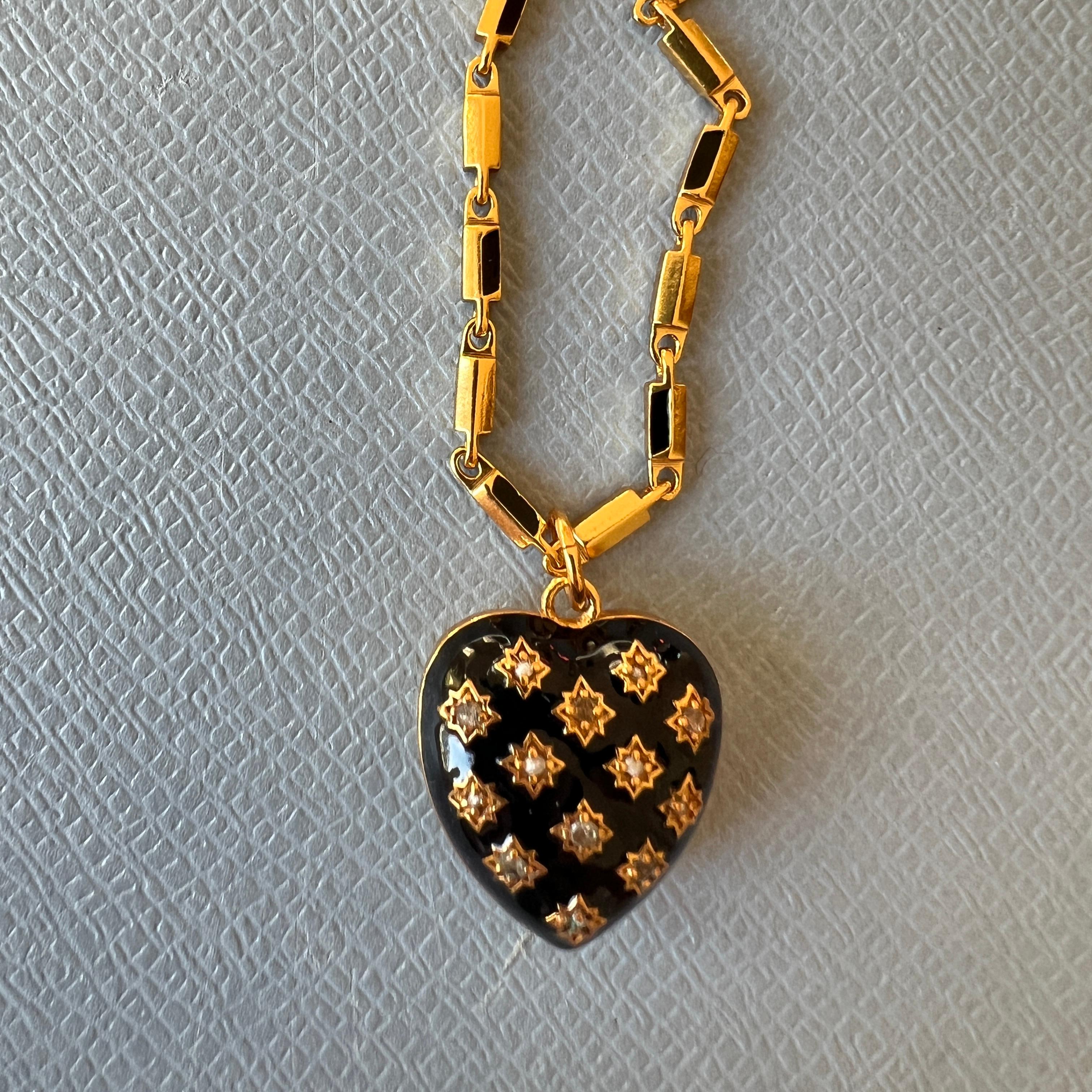 Collana con cuore gonfio Diamante bianco Smalto nero Stile vittoriano in vendita 1