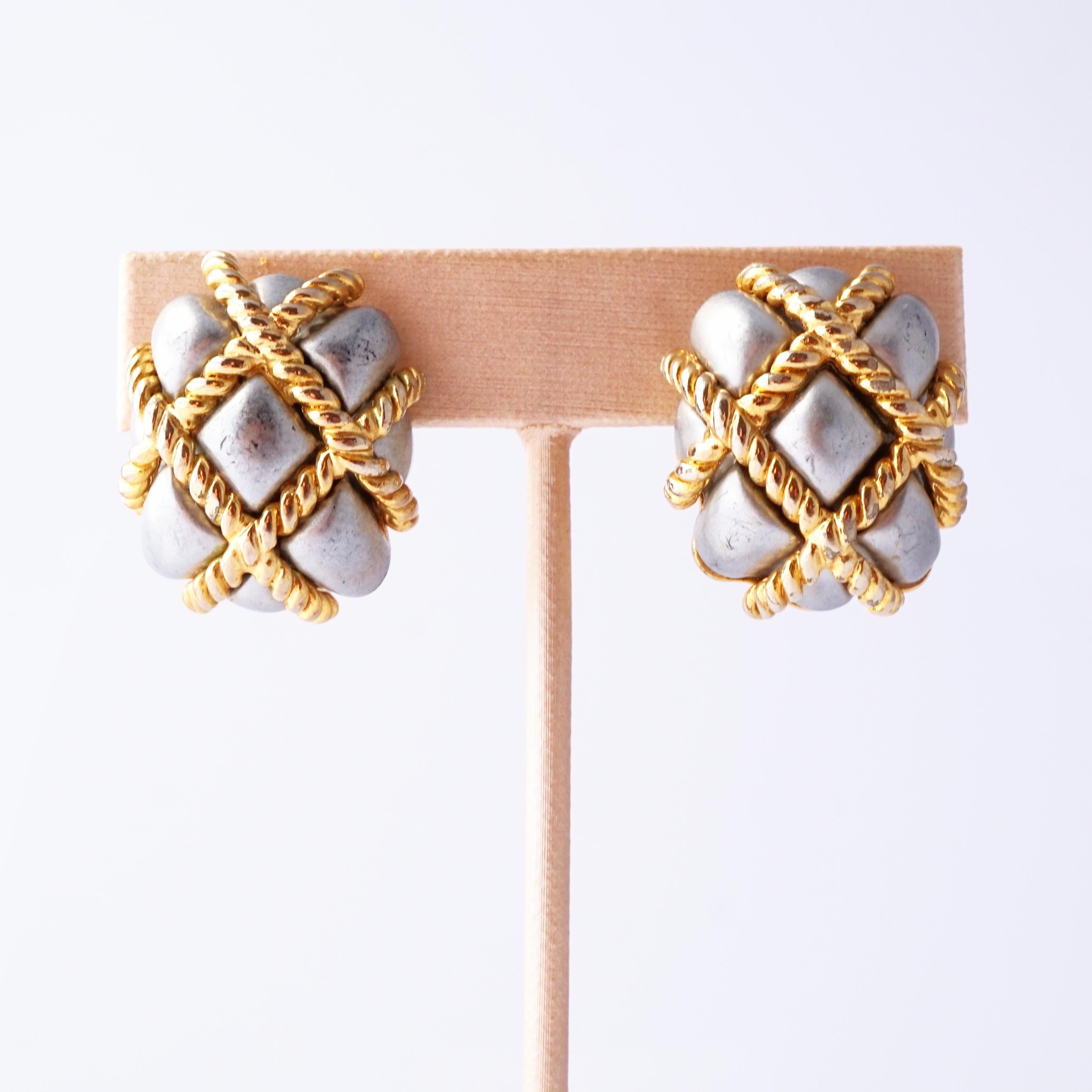 Modern Puffy Quilted Two Tone Rectangular Earrings By Kenneth Jay Lane, 1980s For Sale