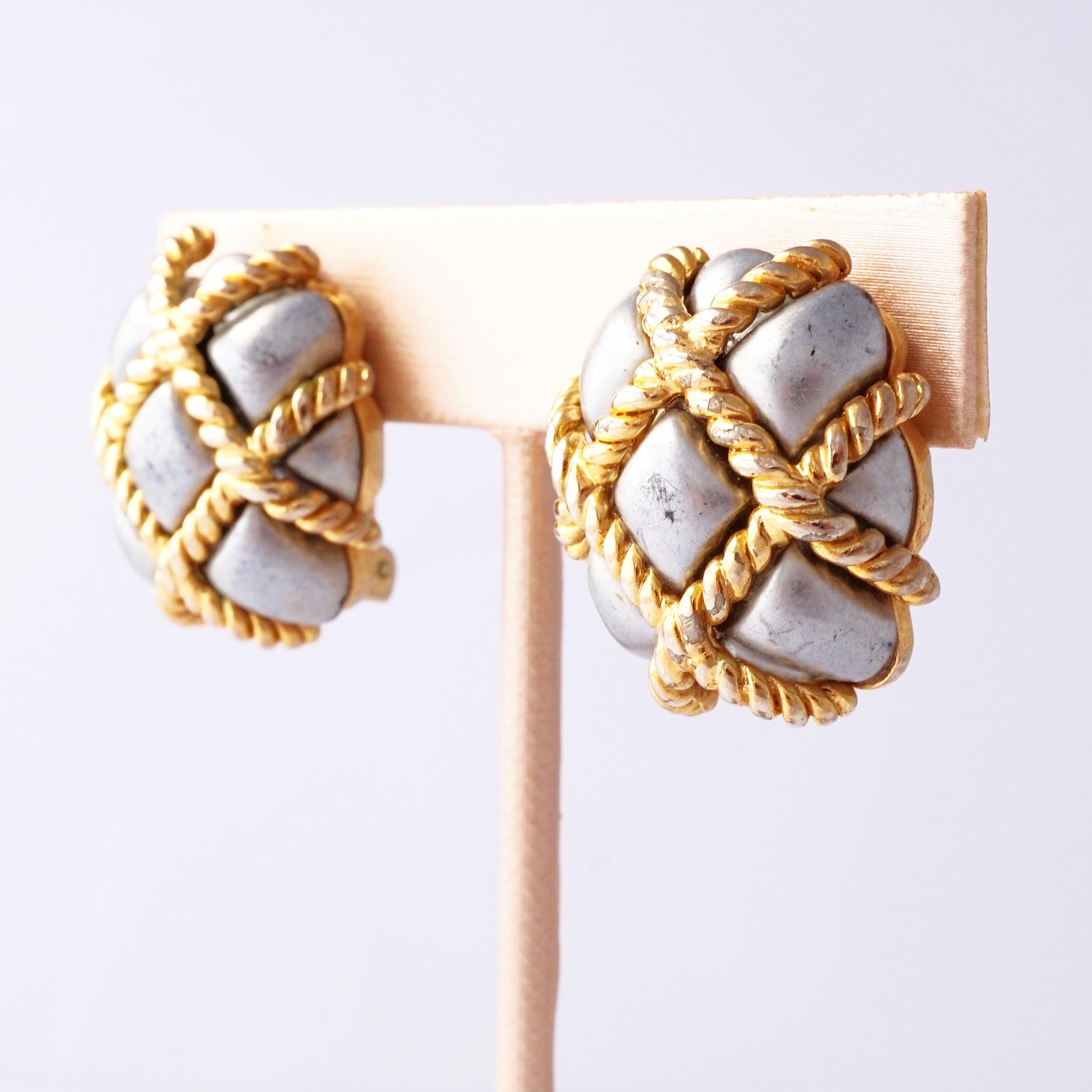 Puffy Quilted Two Tone Rectangular Earrings By Kenneth Jay Lane, 1980s In Good Condition For Sale In McKinney, TX