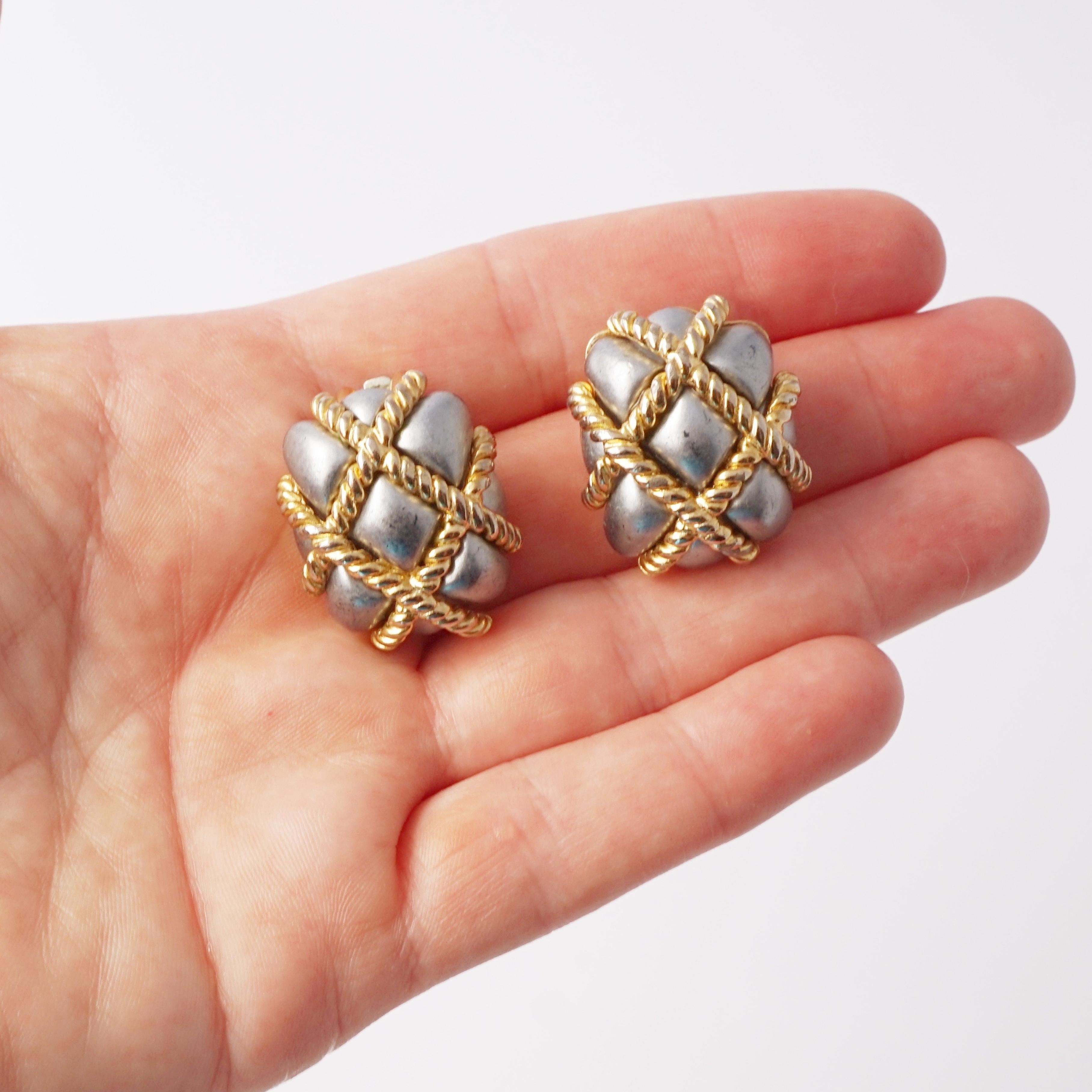 Puffy Quilted Two Tone Rectangular Earrings By Kenneth Jay Lane, 1980s For Sale 3