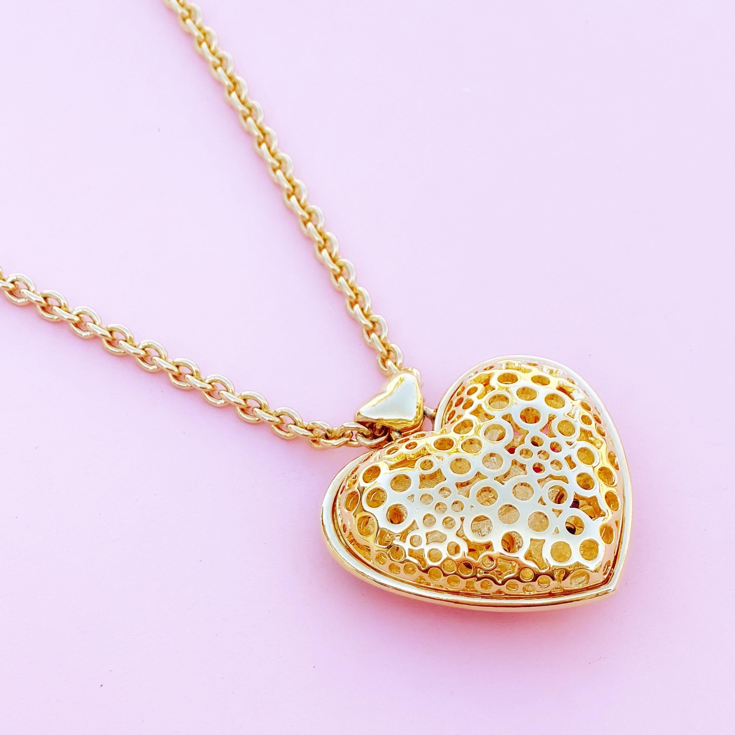 Modern Puffy Rhinestone Heart Pendant Necklace with Floral Motif By Nolan Miller, 1980s