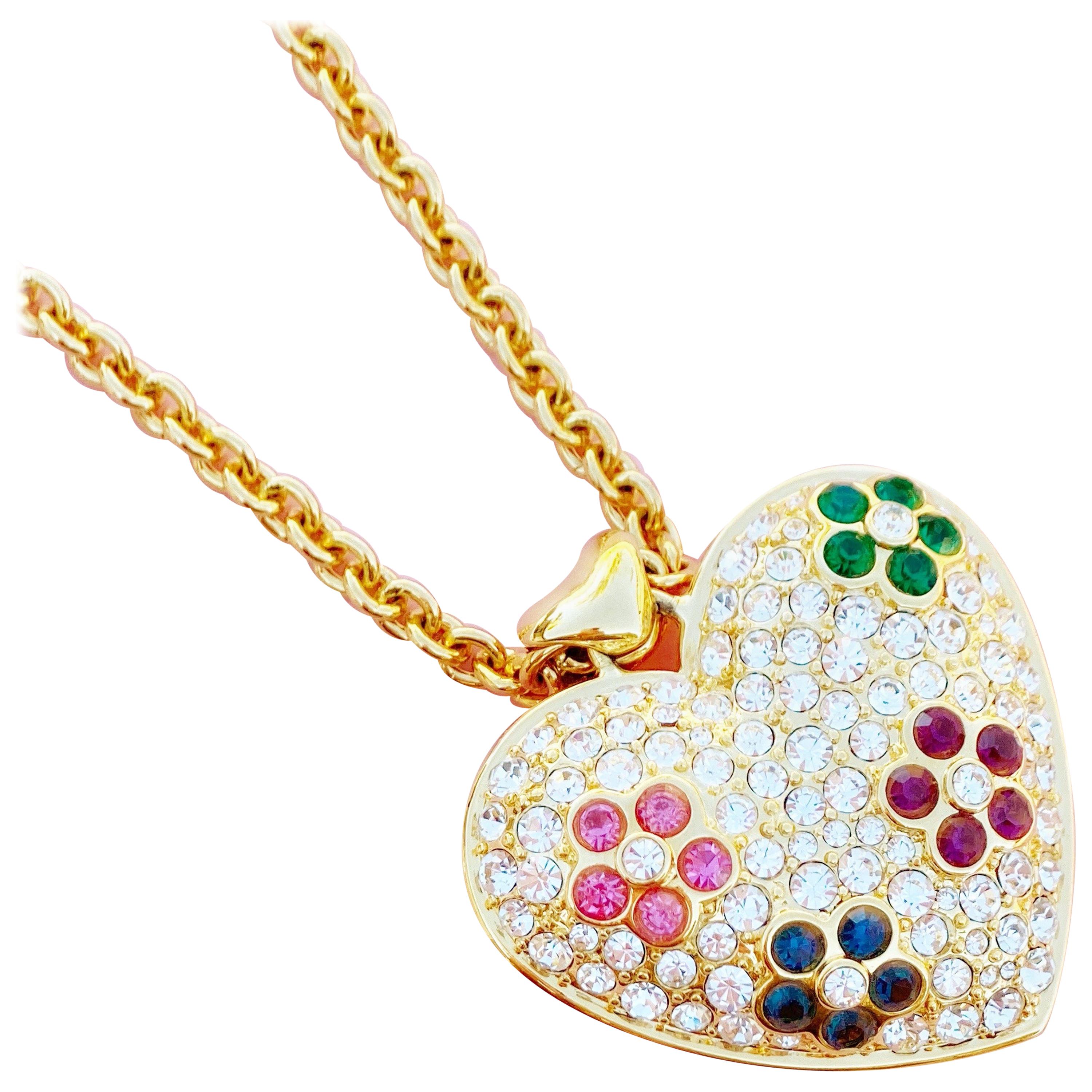 Puffy Rhinestone Heart Pendant Necklace with Floral Motif By Nolan Miller, 1980s