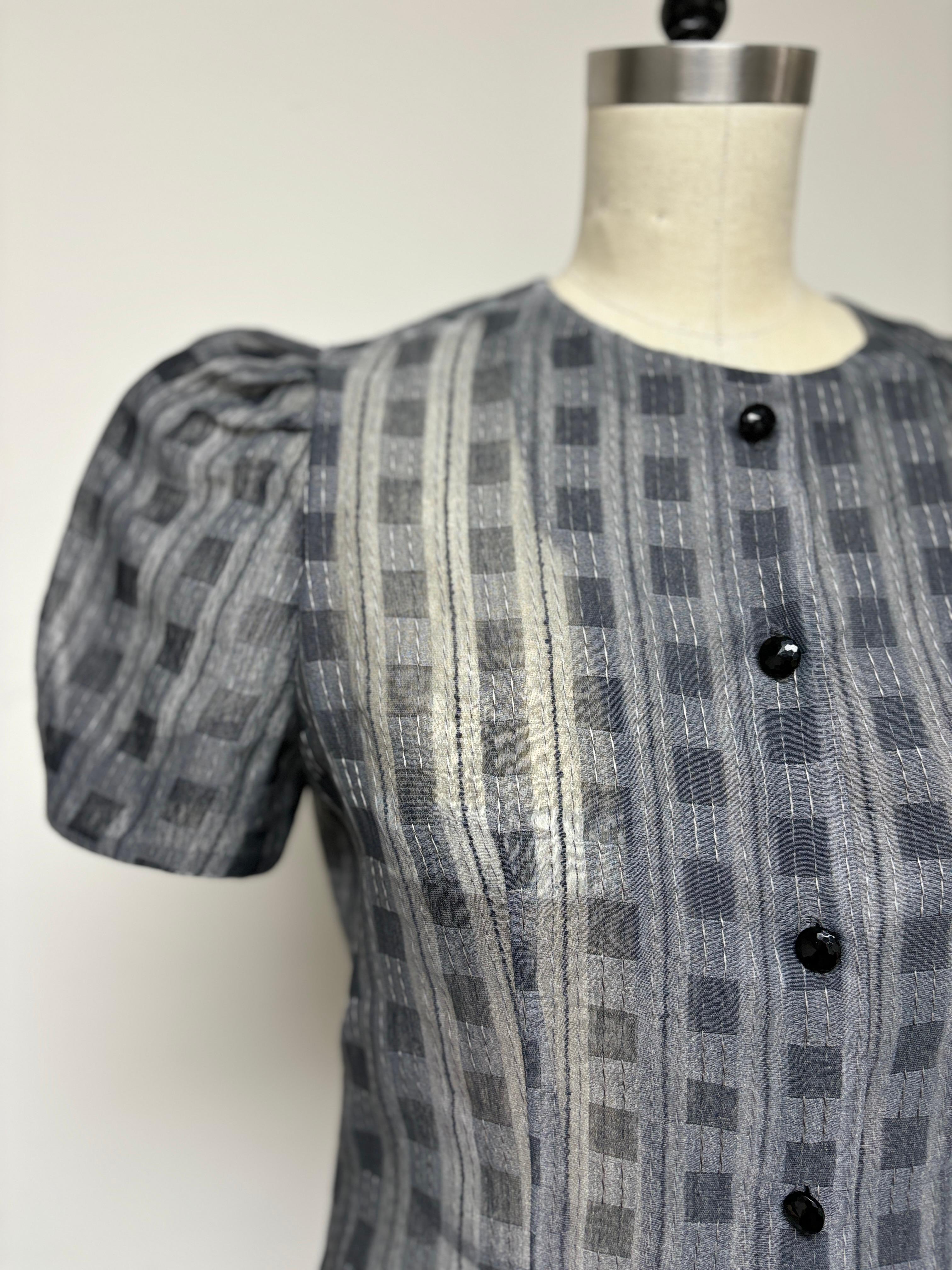 Gray Puffy Sleeve Fancy Check Organza Blouse For Sale
