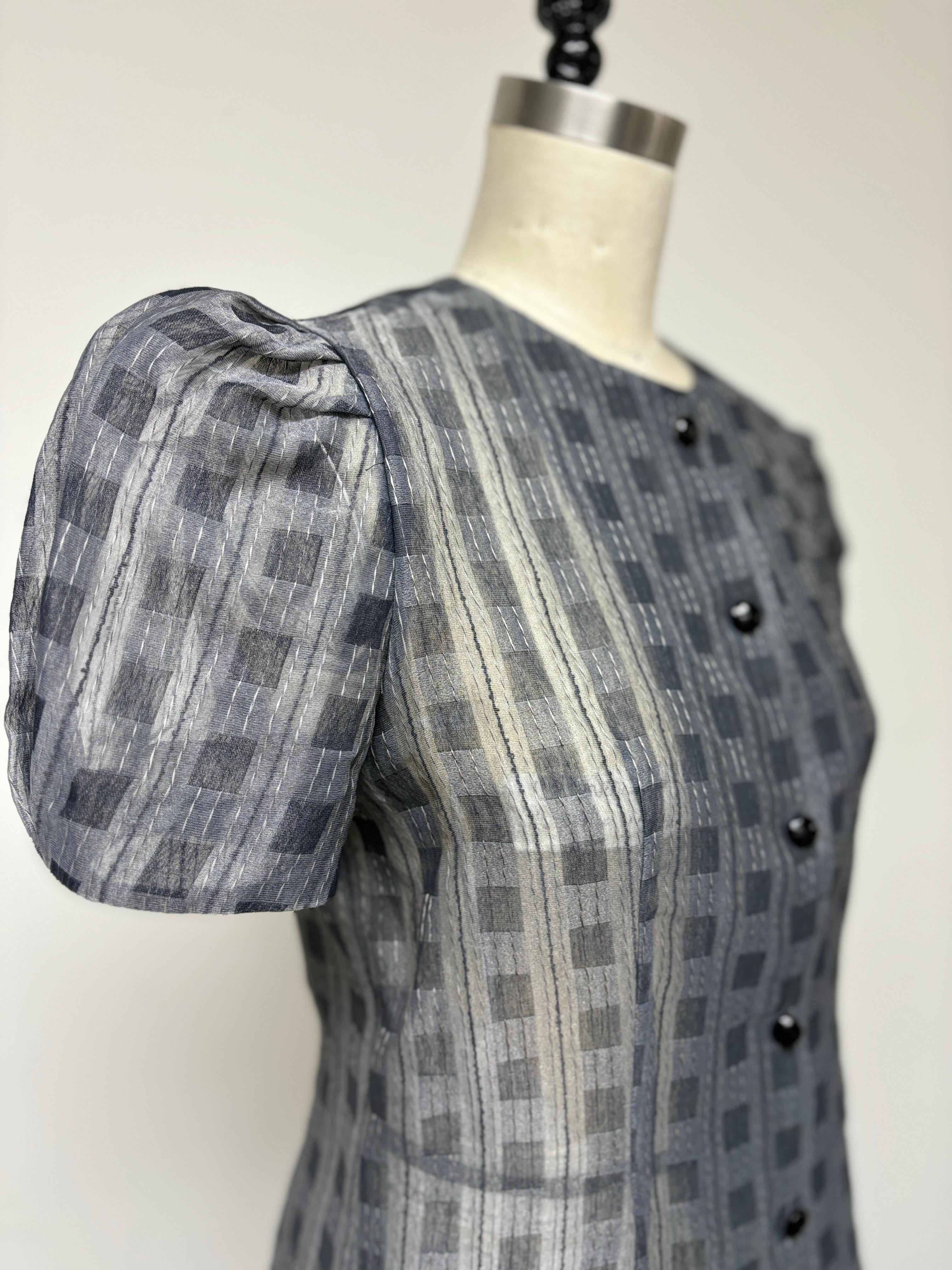 Puffy Sleeve Fancy Check Organza Blouse In Excellent Condition For Sale In Los Angeles, CA