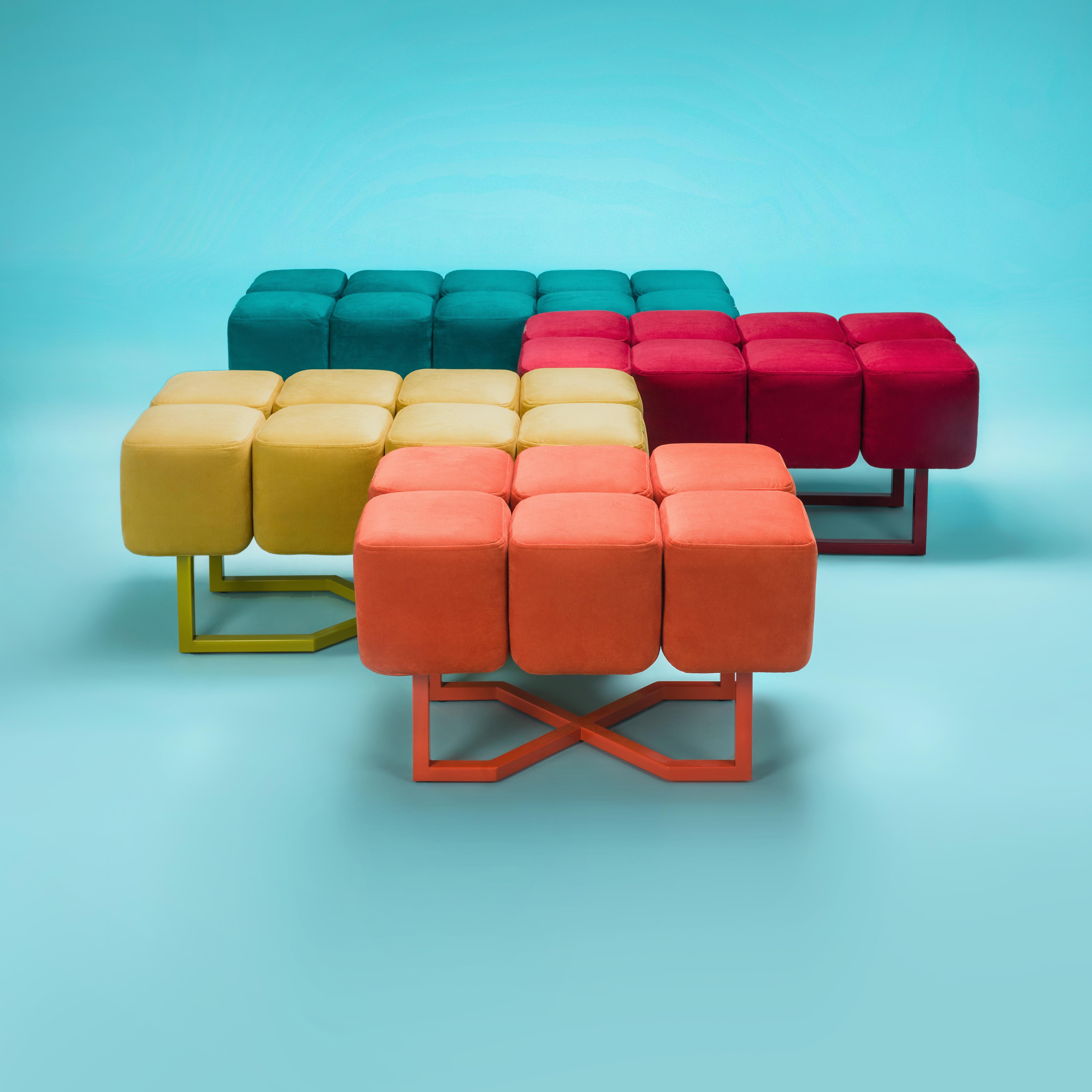 PUFFY stool M by Phormy 
Dimensions: D 44 x W 88 x H 44 cm.
Materials: Upholstery, powder coated steel base.

Different materials and sizes available. 

PUFFY is softness and lightness dressed up in ten intriguing modules. Its usage is very