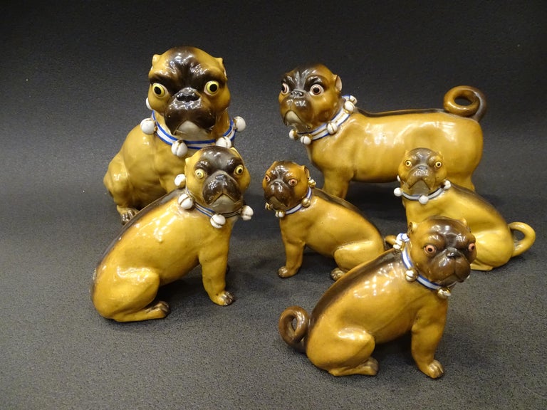 Pug Dogs 19th Century 6 Germany Porcelain, Sculpture For Sale