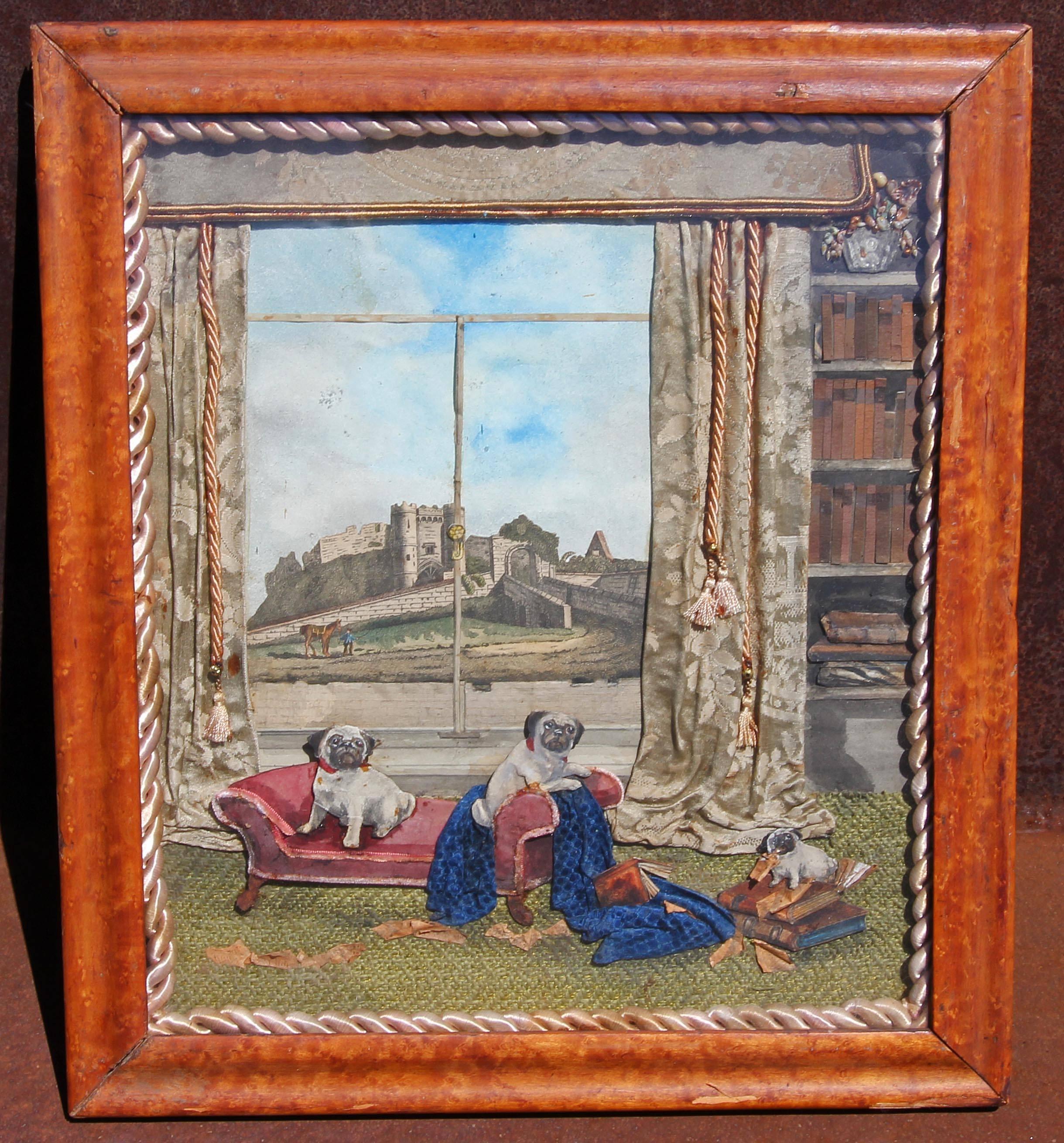 A detailed diorama of pugs playing in the library. Multi-media including silk, paper, watercolor, and the flower basket upper right is made of shells, 19th century, original frame.