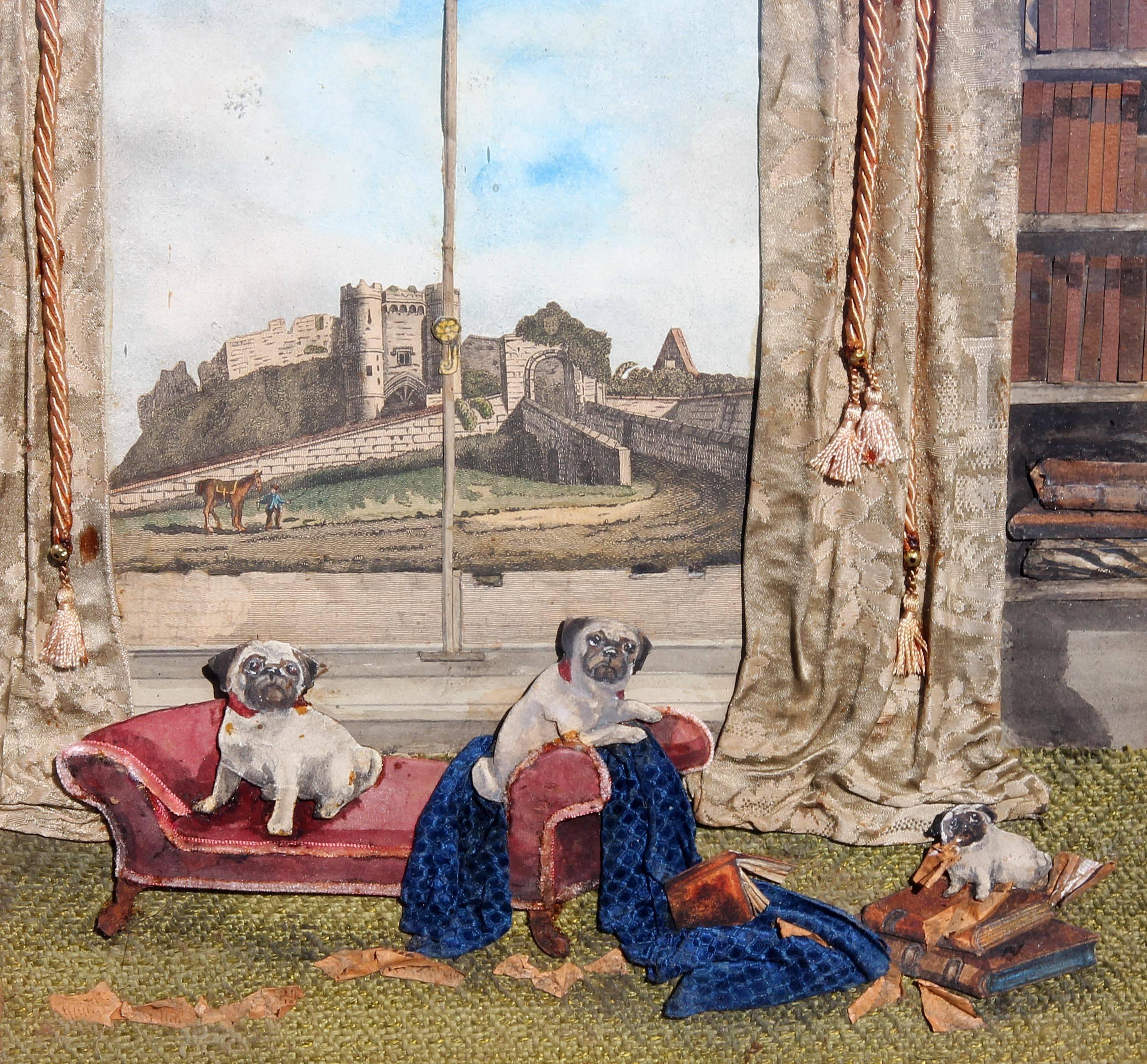 Pug Dogs Playing in the Library a Victorian Diorama In Good Condition In Rochester, NY