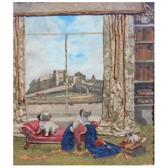 Pug-Hunde spielen in der Bibliothek, ein viktorianisches Diorama