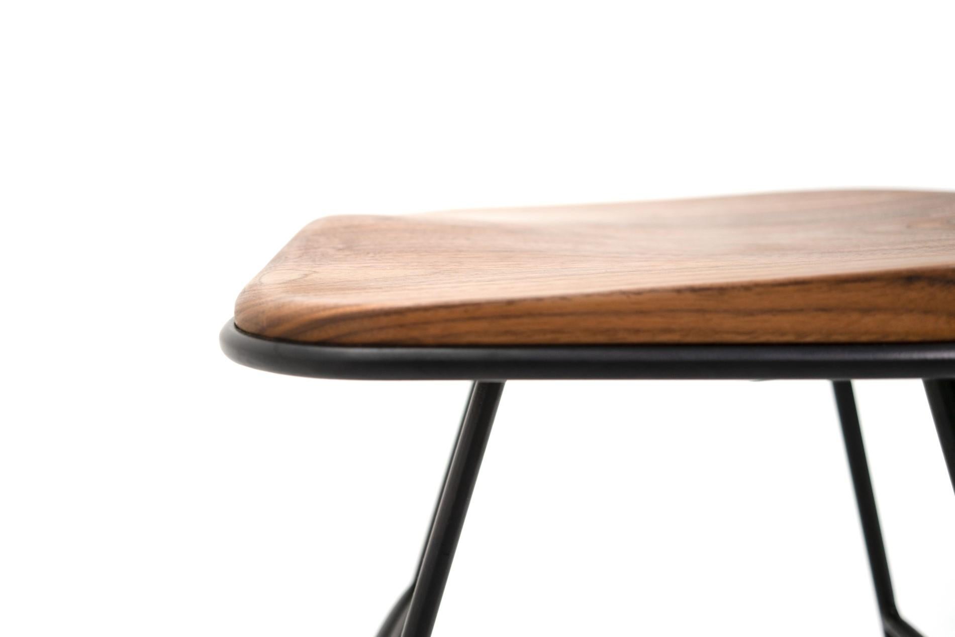 Minimalist Pug Occasional Stool, Solid Shaped Walnut Seat in Hand Bent Steel Frame For Sale