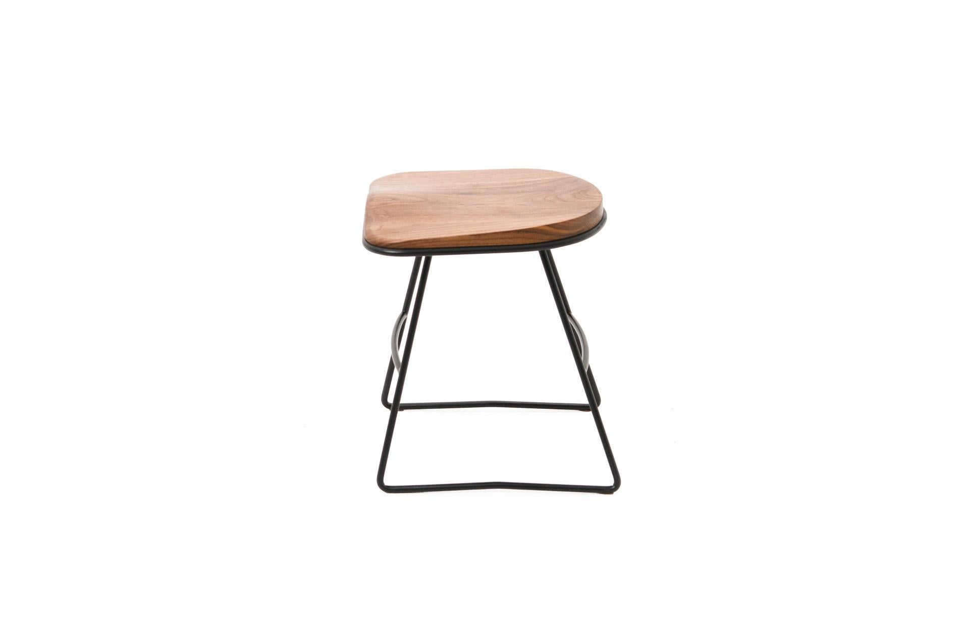Contemporary Pug Occasional Stool, Solid Shaped Walnut Seat in Hand Bent Steel Frame For Sale