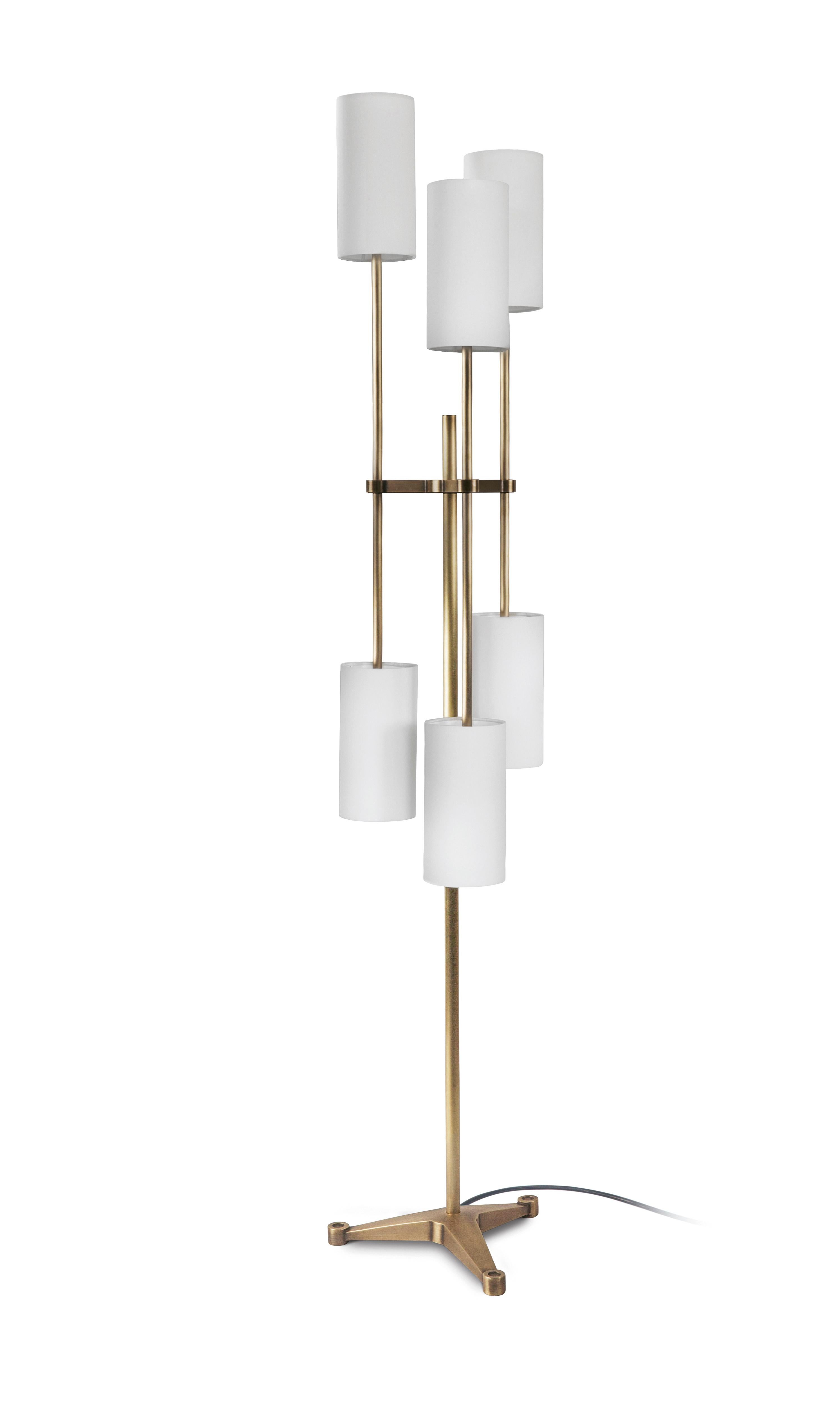Pugil floor lamp by Bert Frank
Dimensions: 147.5 x 30 x 30 cm
Materials: Brass, fabric

When Adam Yeats and Robbie Llewellyn founded Bert Frank in 2013 it was a meeting of minds and the start of a collaborative creative partnership with engineering