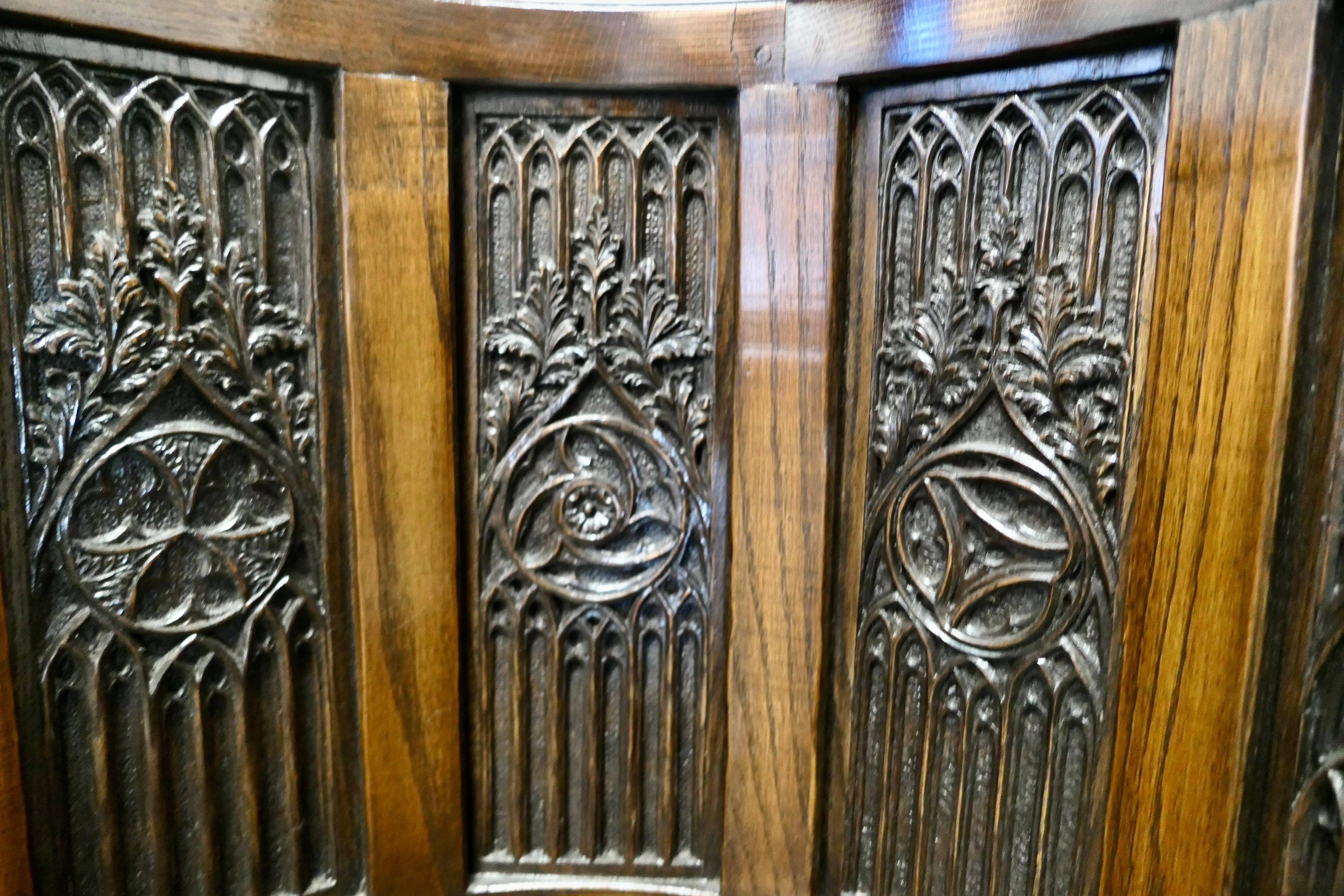 19th Century Pugin Inspired Arts and Crafts Carved Barrel Back Hall Chairs For Sale