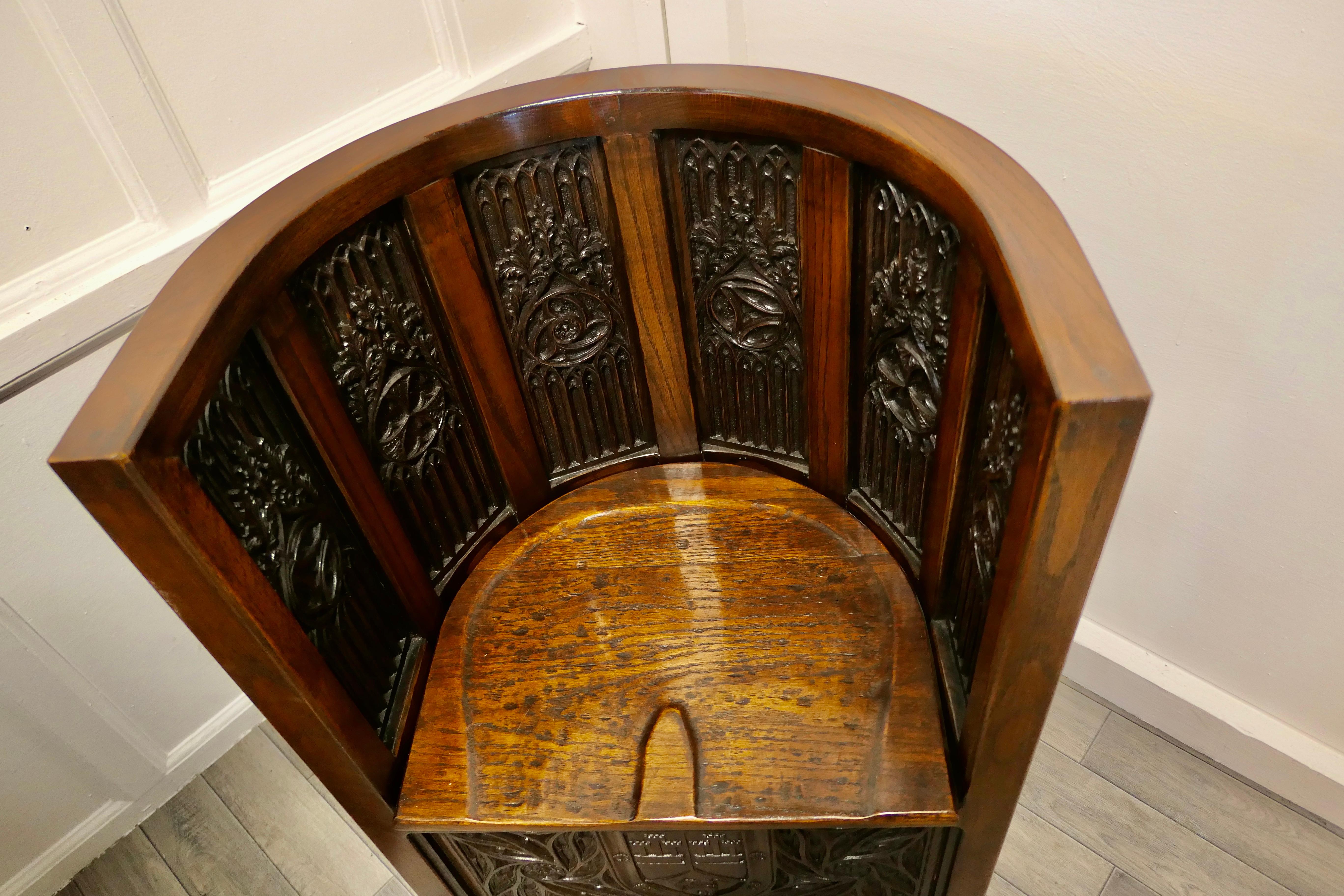 Oak Pugin Inspired Arts and Crafts Carved Barrel Back Hall Chairs For Sale
