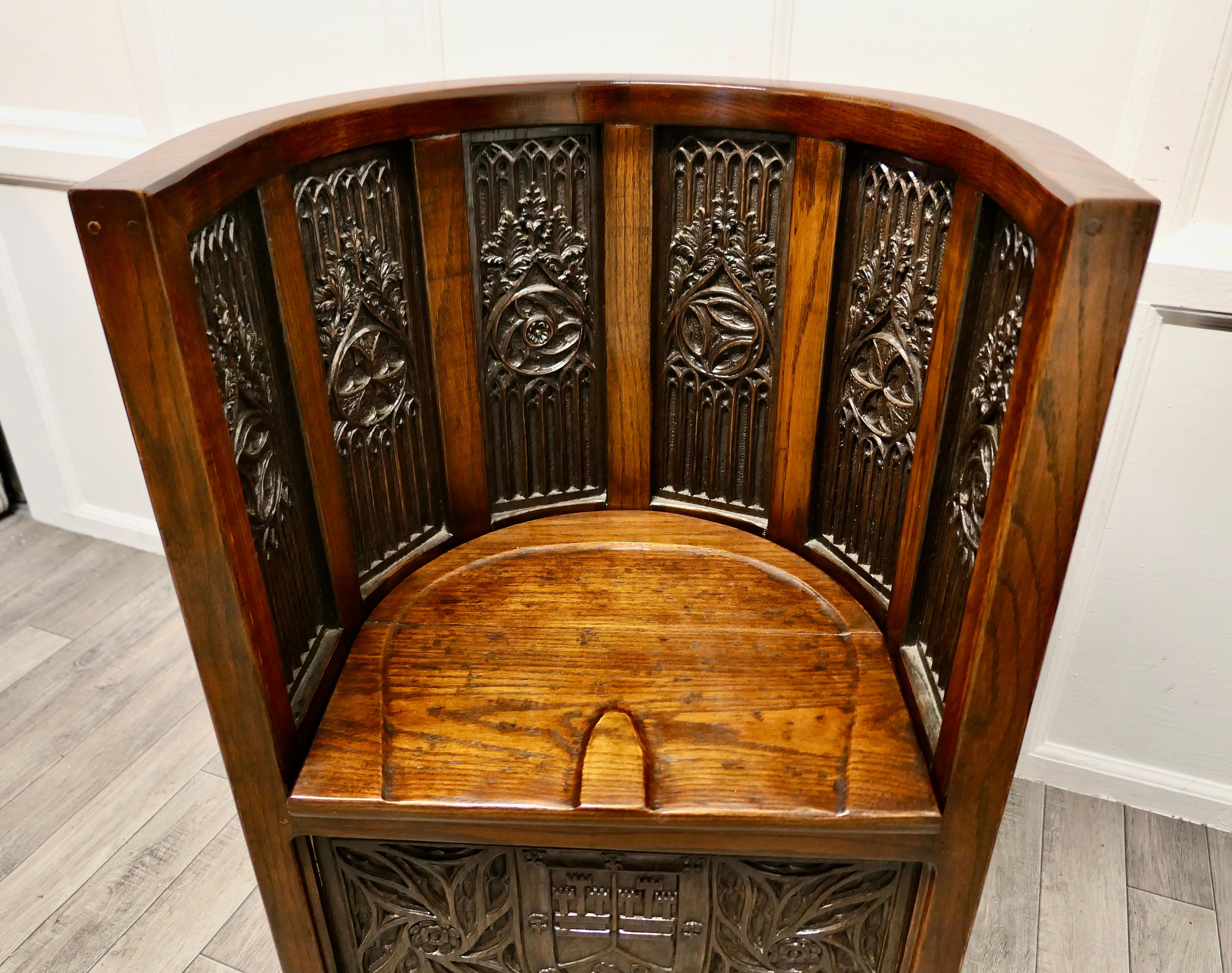 Pugin Inspired Arts and Crafts Carved Barrel Back Hall Chairs For Sale 1