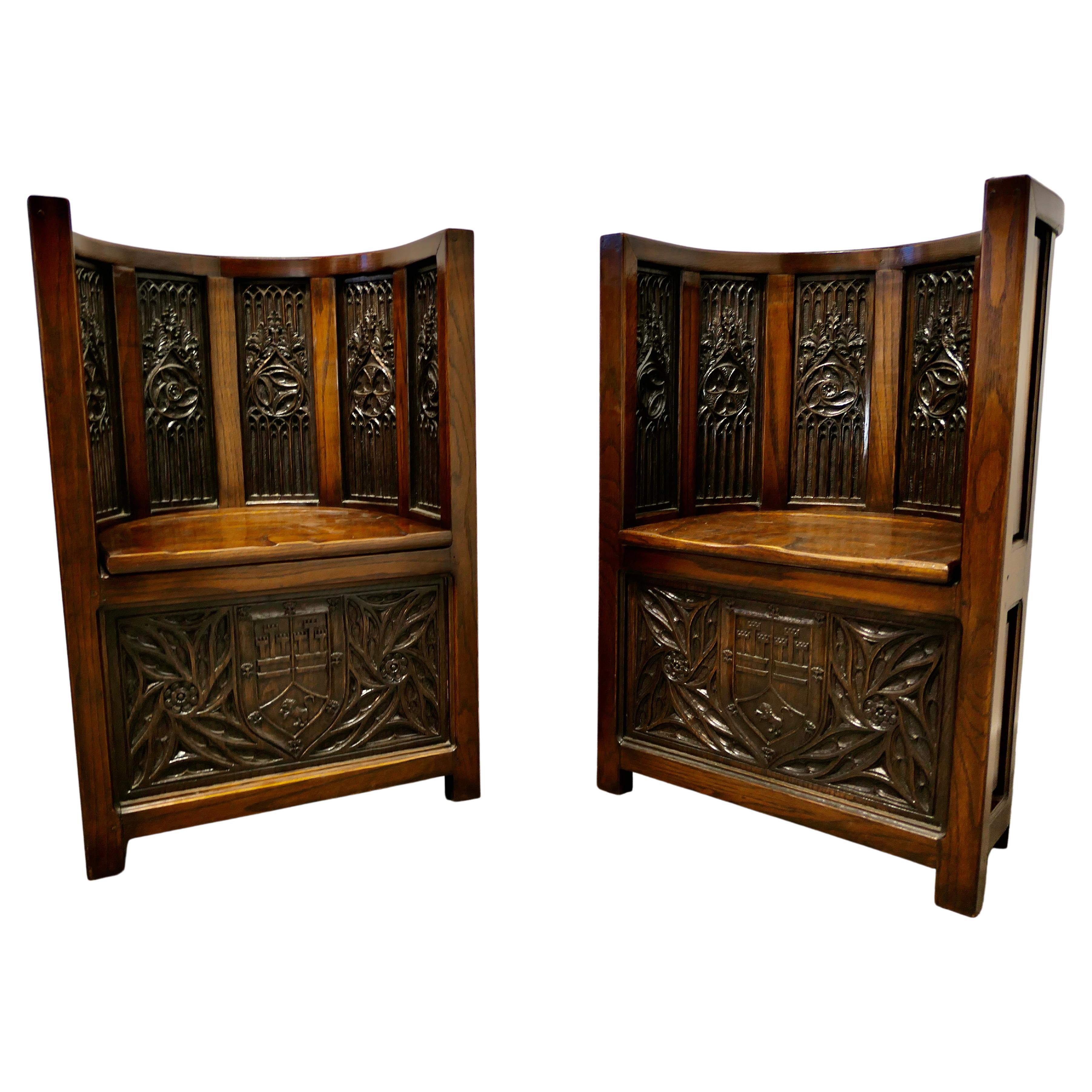Pugin Inspired Arts and Crafts Carved Barrel Back Hall Chairs For Sale