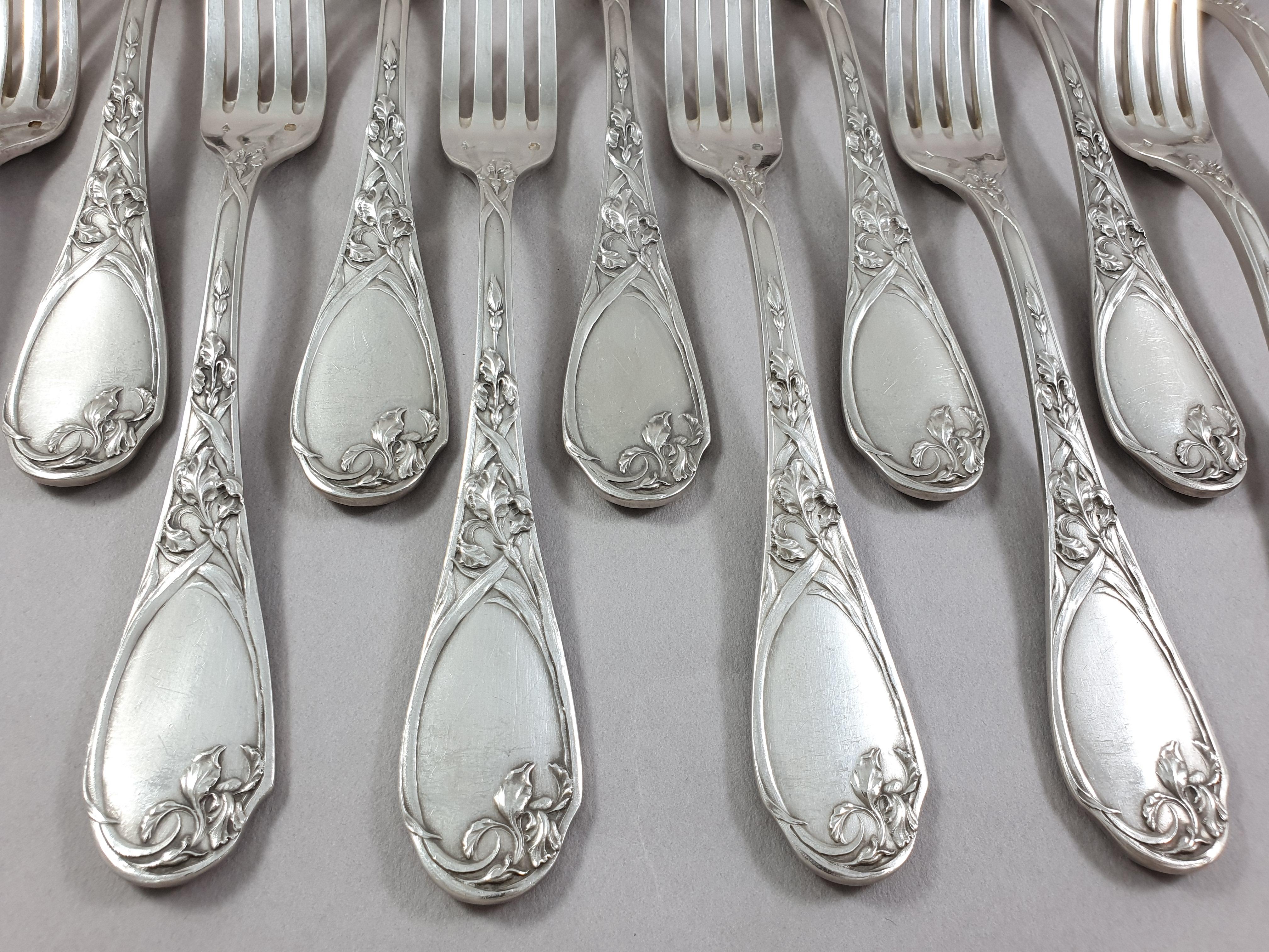 French Puiforcat, 12 Sterling Silver Art Nouveau Iris Forks