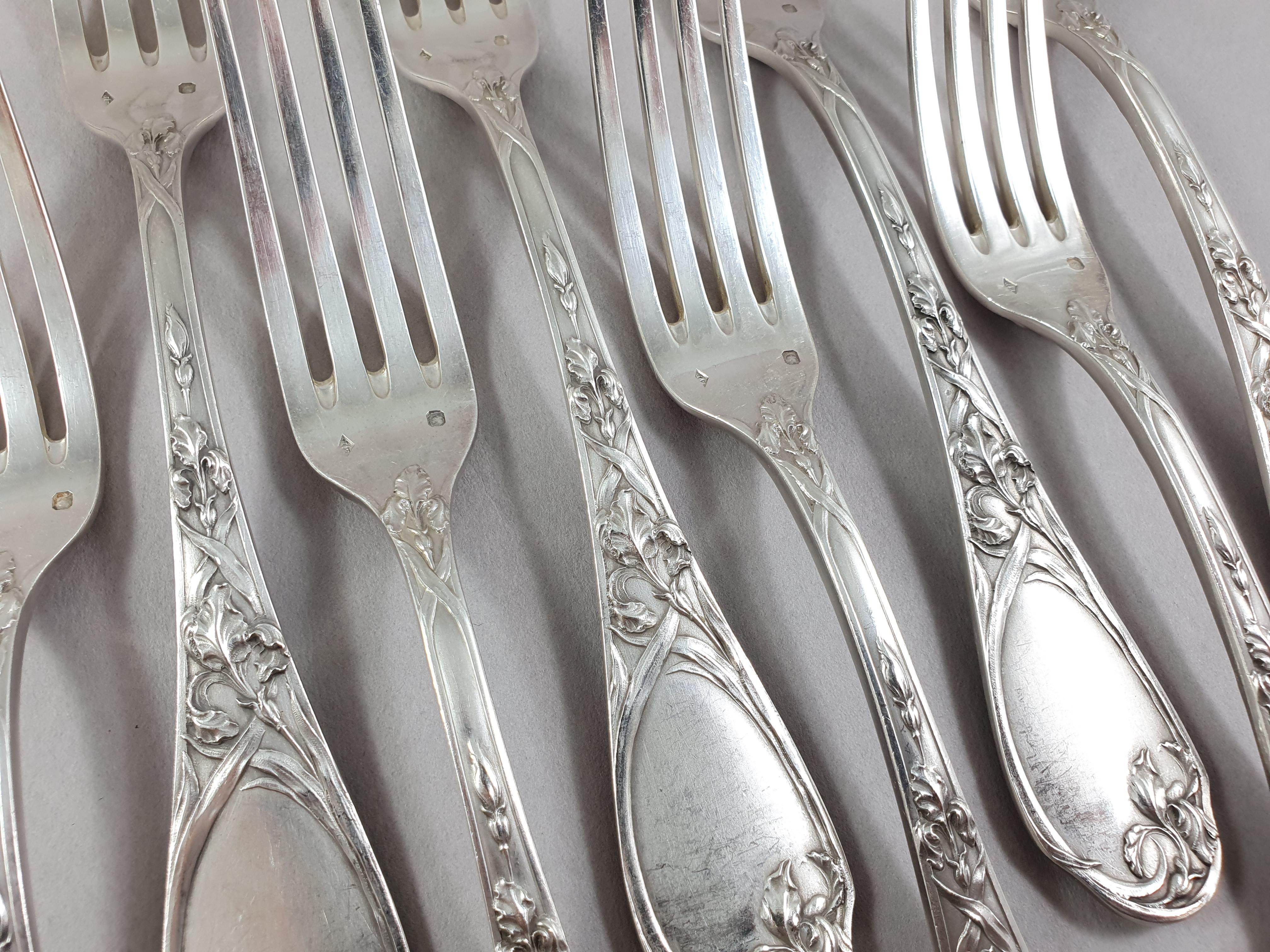 Puiforcat, 12 Sterling Silver Art Nouveau Iris Forks In Good Condition In Saint-Ouen, FR