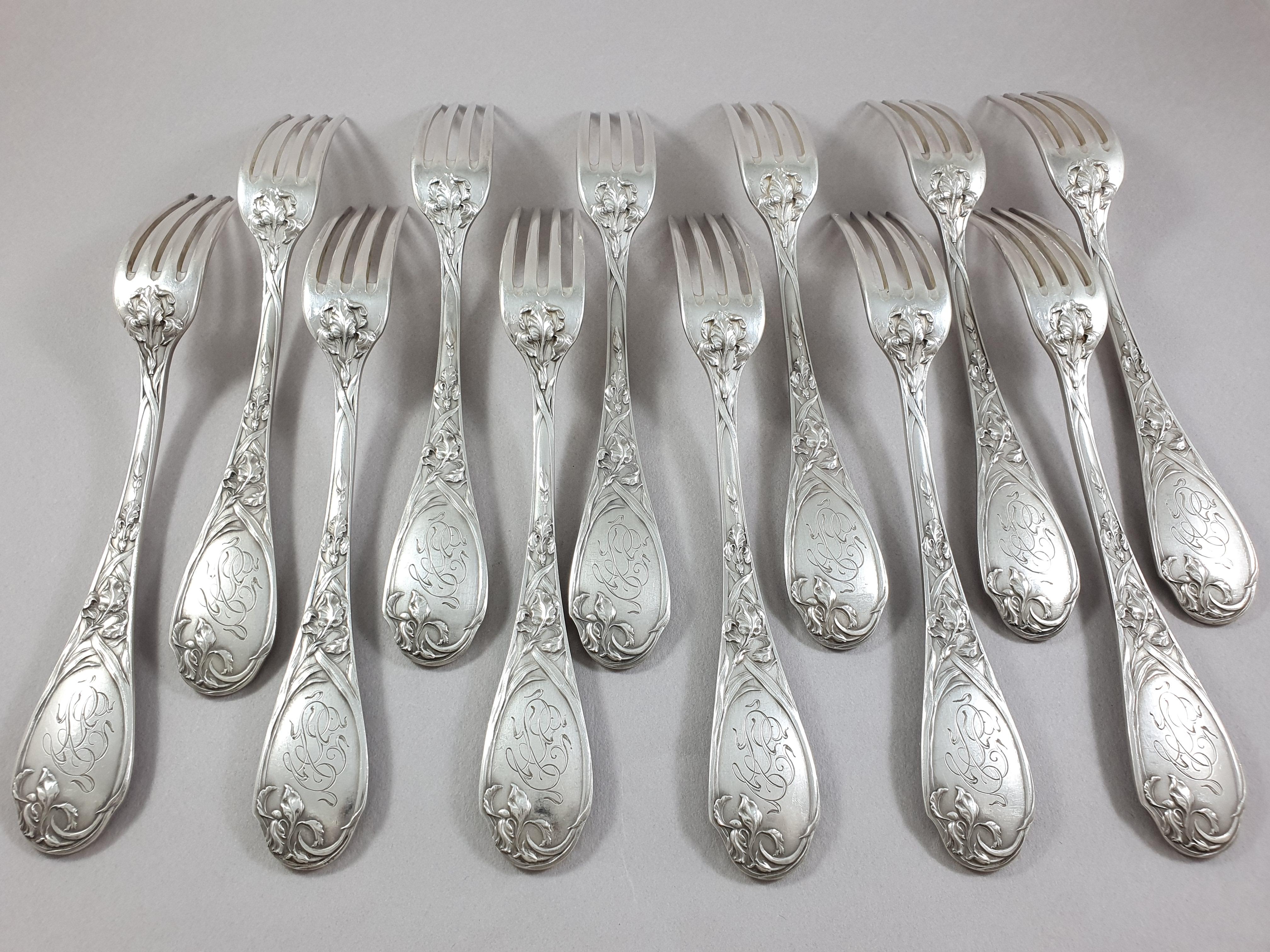 Early 20th Century Puiforcat, 12 Sterling Silver Art Nouveau Iris Forks