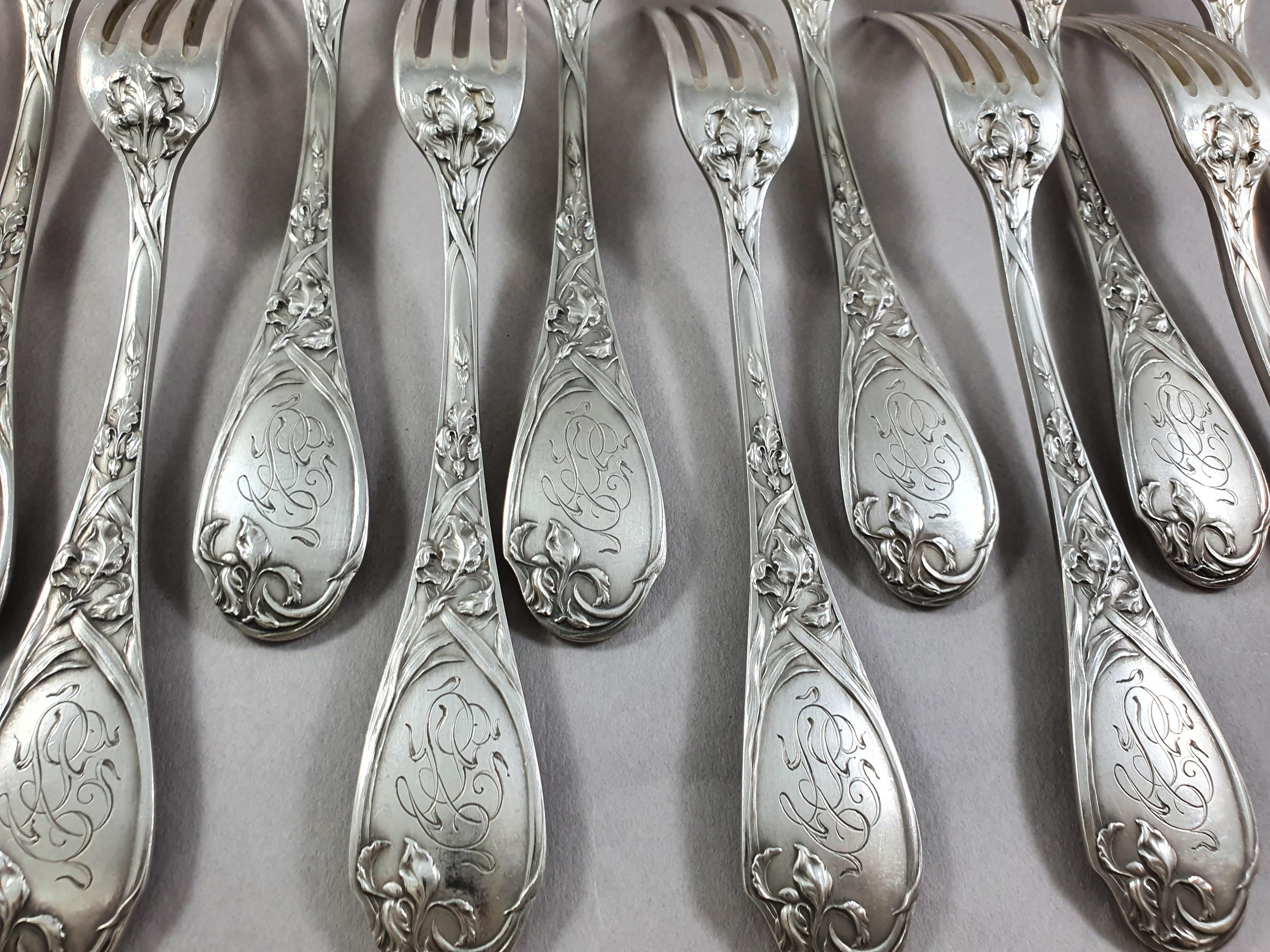 Puiforcat, 12 Sterling Silver Art Nouveau Iris Forks 1
