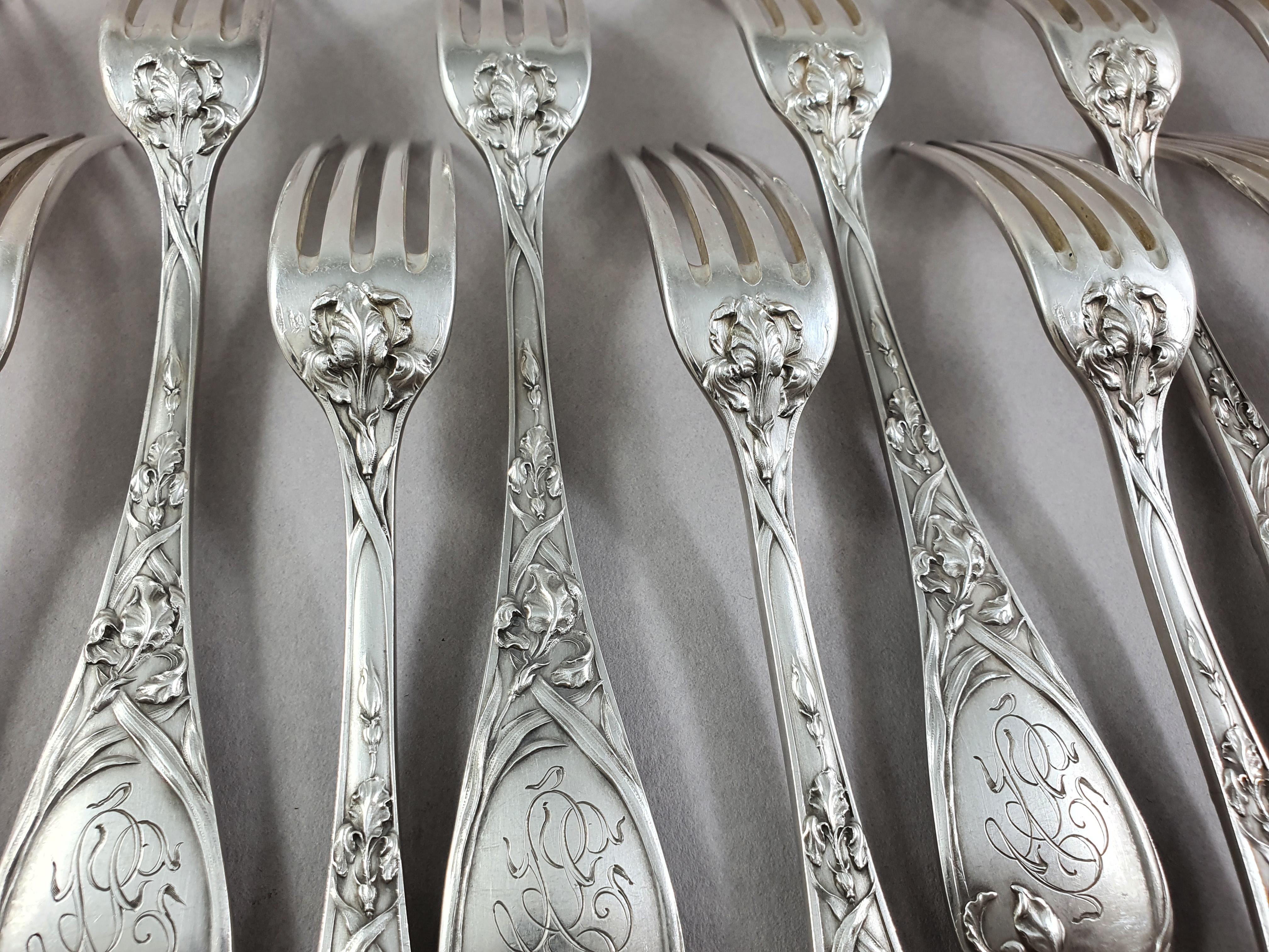 Puiforcat, 12 Sterling Silver Art Nouveau Iris Forks 2