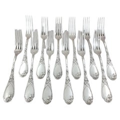Puiforcat, 12 Sterling Silver Art Nouveau Iris Forks