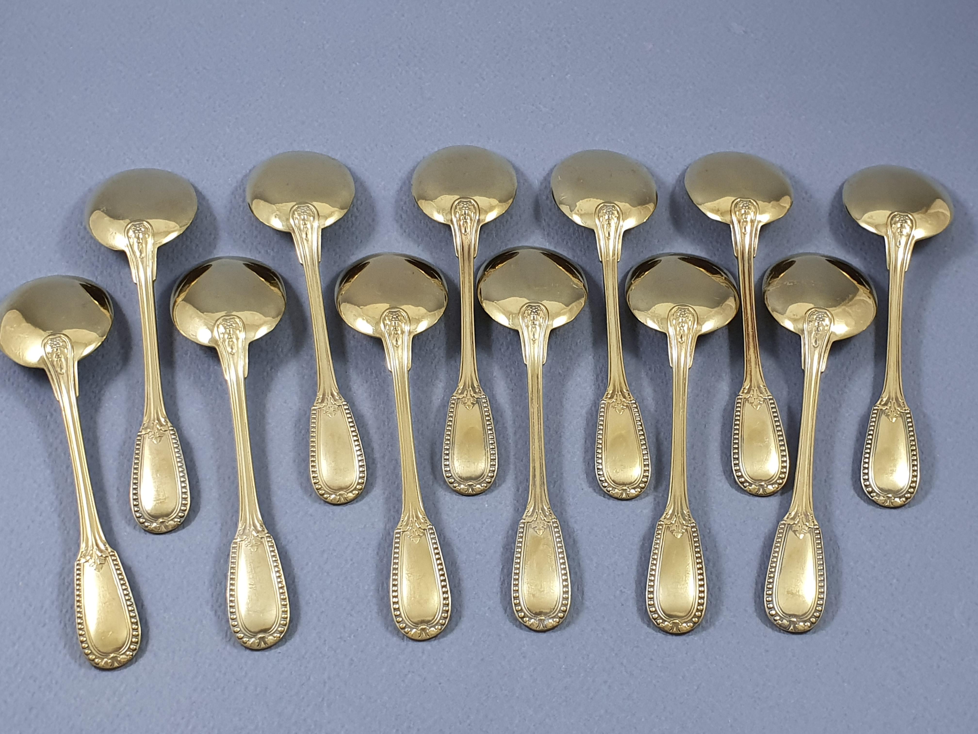 Puiforcat : 12 Sterling Silver Gilt Ice Cream Spoons In Excellent Condition In Saint-Ouen, FR