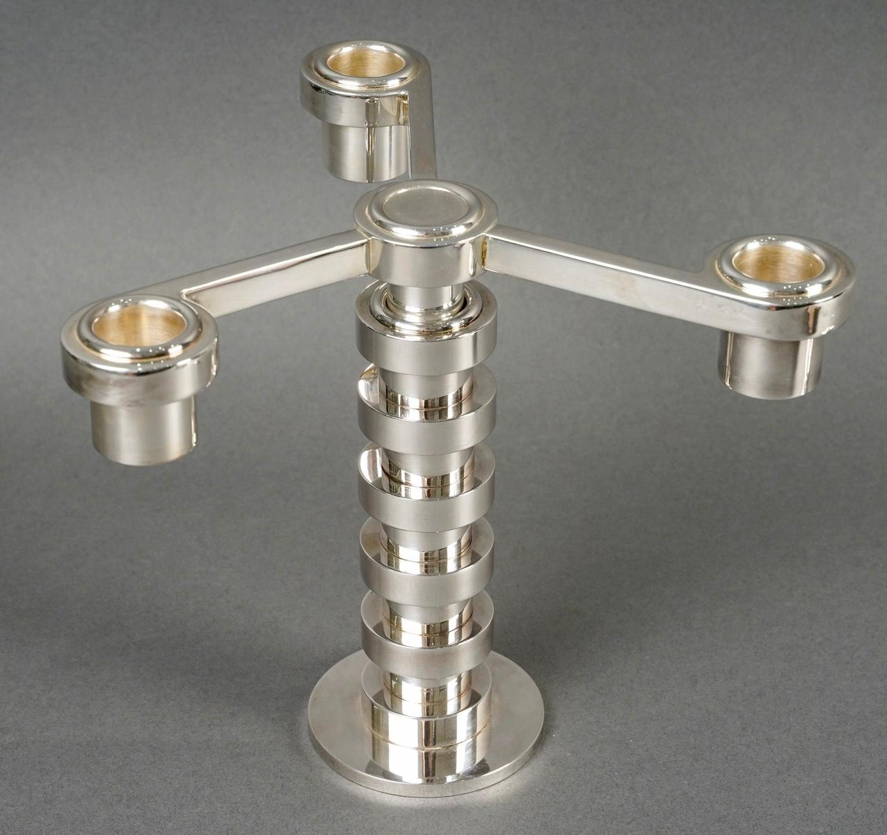 Français Puiforcat - 3 chandeliers Art Déco modernistes plaqués argent ruban