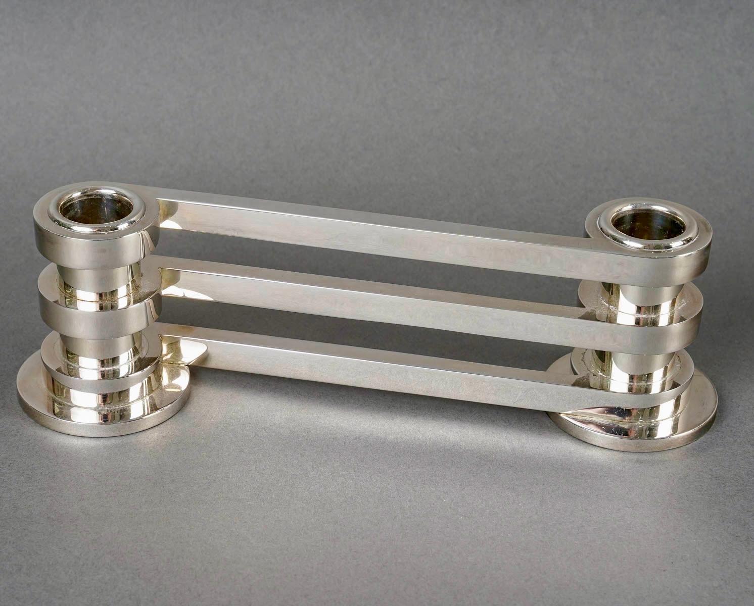 Puiforcat - 3 chandeliers Art Déco modernistes plaqués argent ruban 1