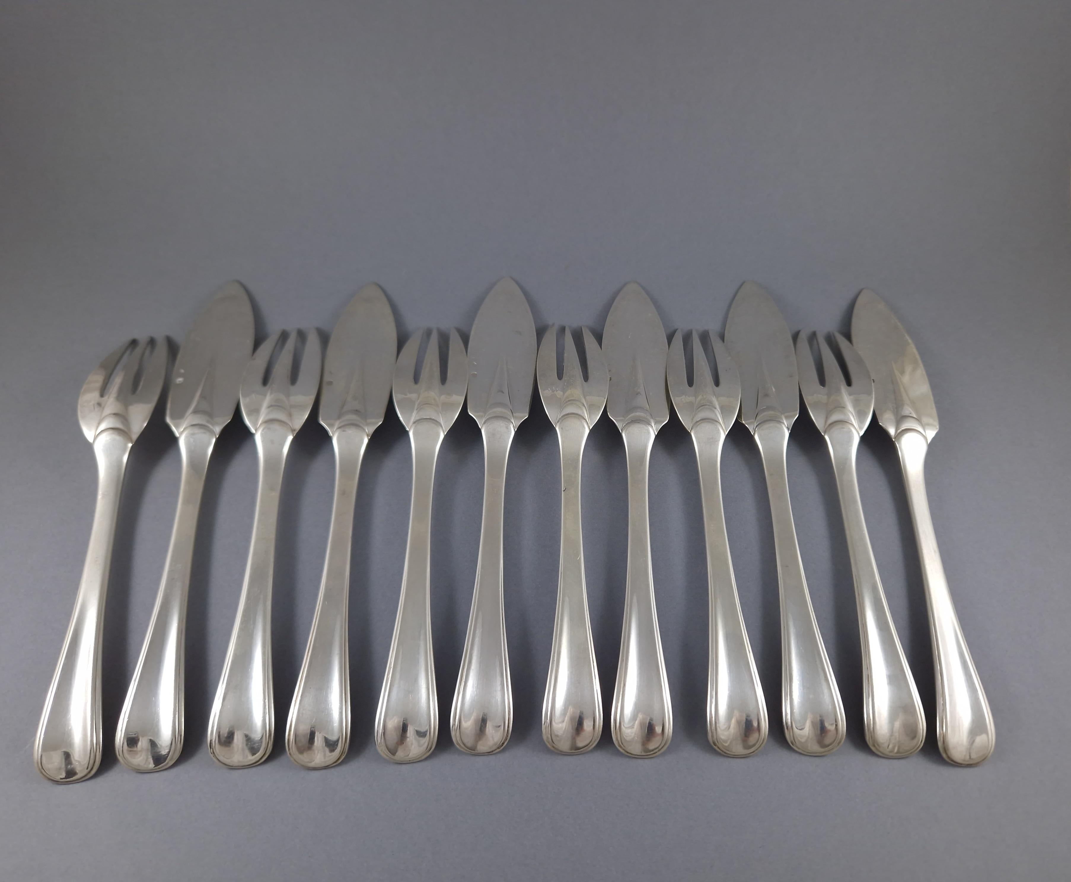 Puiforcat 6 Fish Cutlery In Sterling Silver Mazarin Model In Good Condition For Sale In Saint-Ouen, FR