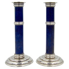 Puiforcat Art Deco Candlesticks in Silverplate with Faux Lapis Lazuli Blue Stems