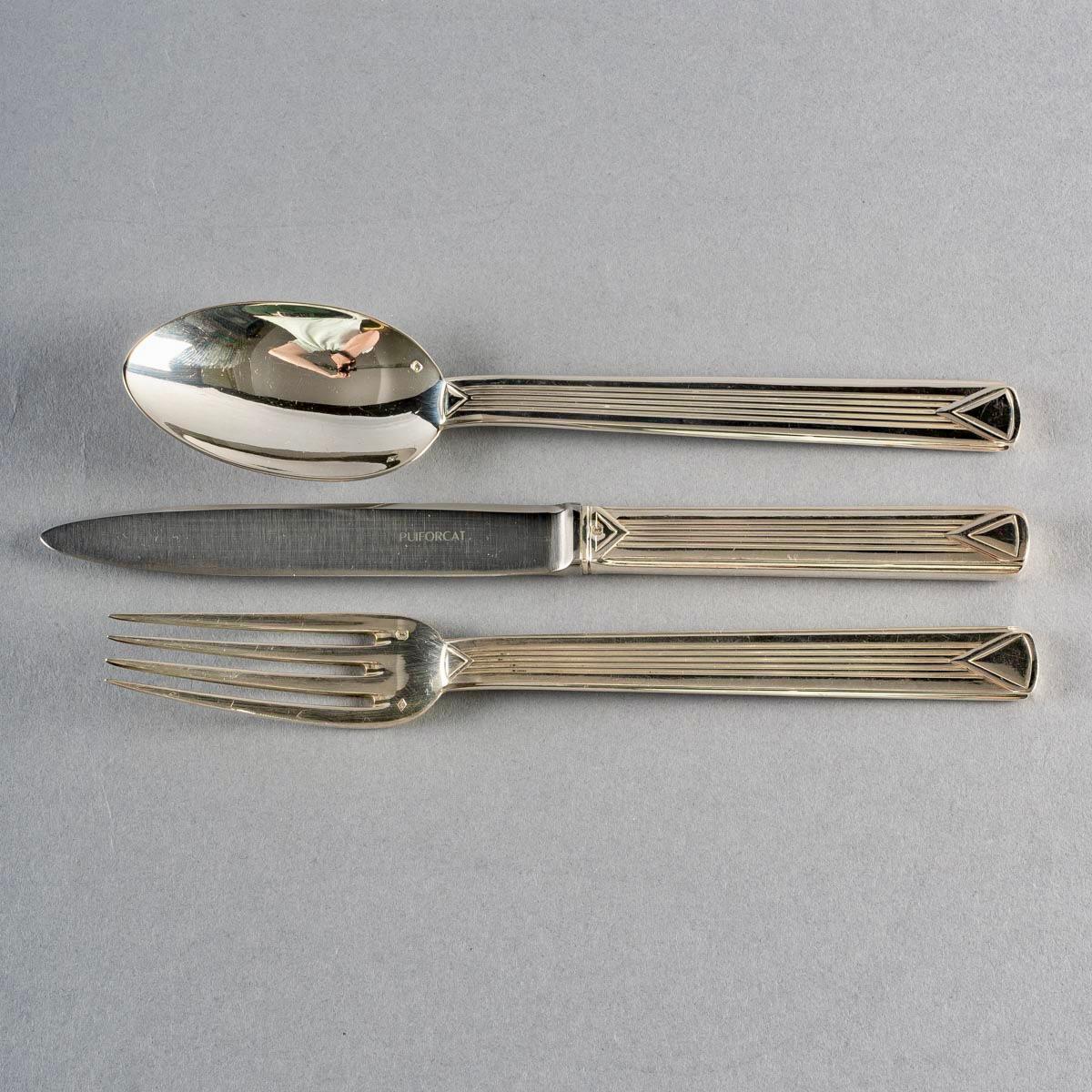 Art Deco Puiforcat, Cutlery Flatware Set Aphea Solid Sterling Silver in Box, 110 Pieces