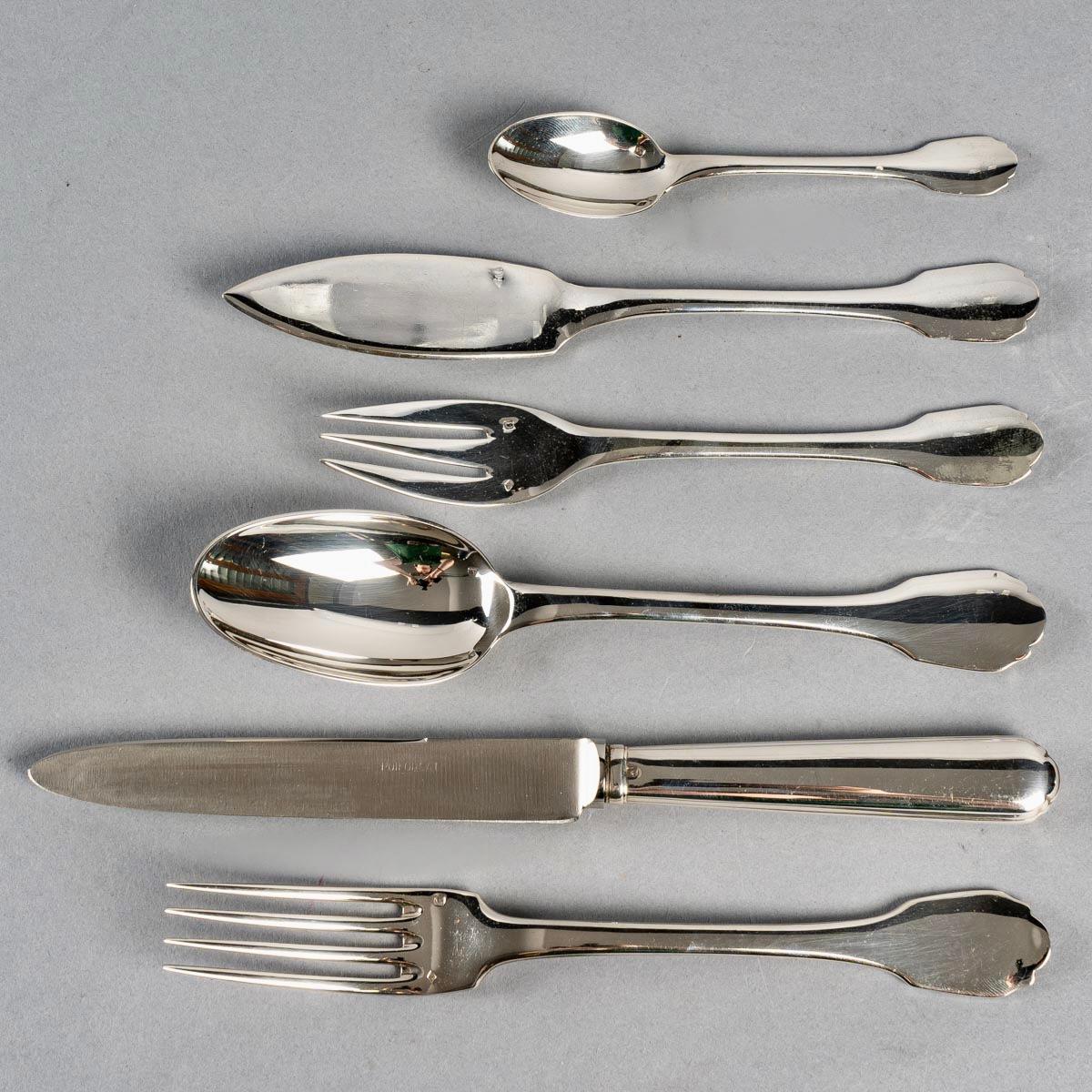 Louis XVI Puiforcat, Cutlery Flatware Set Colbert Solid Sterling Silver, 42 Pieces