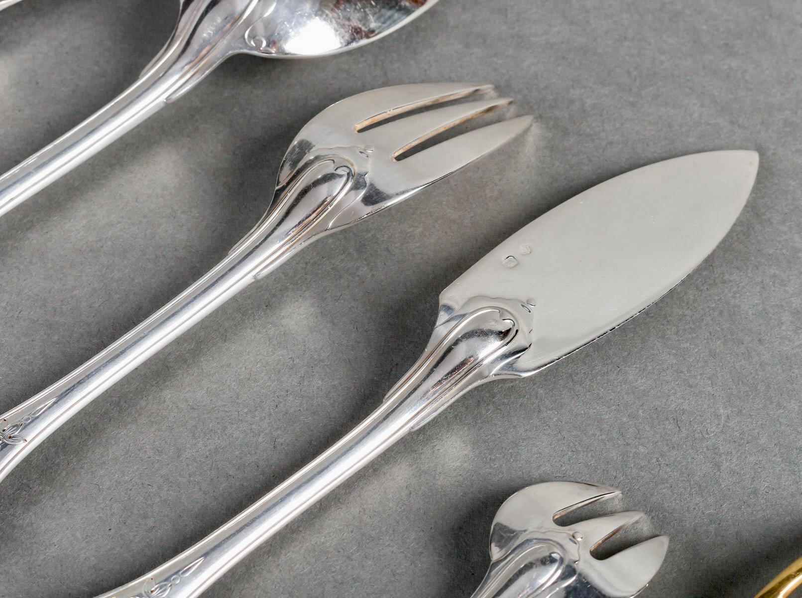 Puiforcat - Cutlery Flatware Set Elysee Sterling Silver & Vermeil - 127 Pieces In Good Condition In Boulogne Billancourt, FR