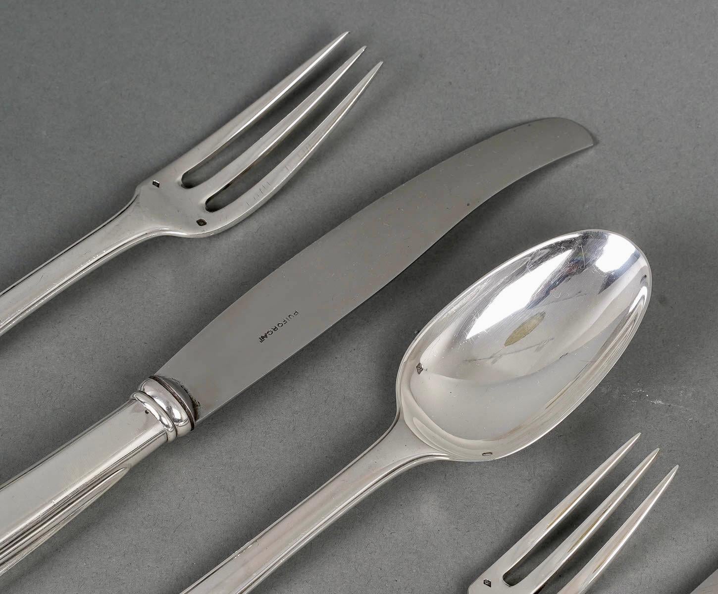 French Puiforcat, Cutlery Flatware Set Mazarin Sterling Silver, 141 Pieces