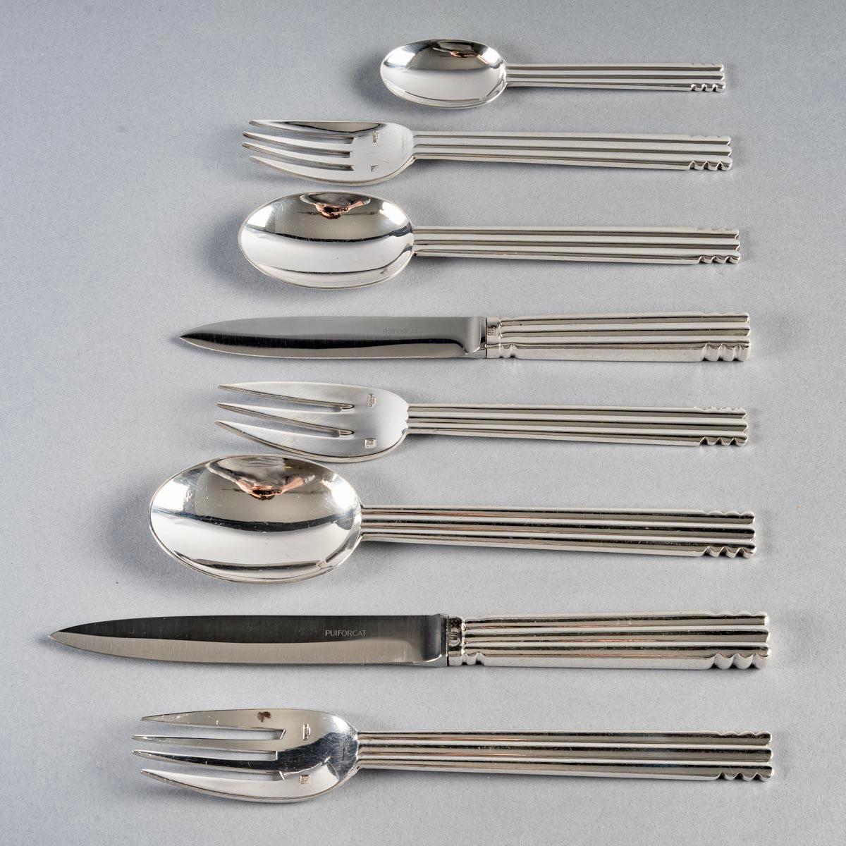Art Deco Puiforcat, Cutlery Flatware Set Nantes Plated Silver For 8 People, 64 Pieces