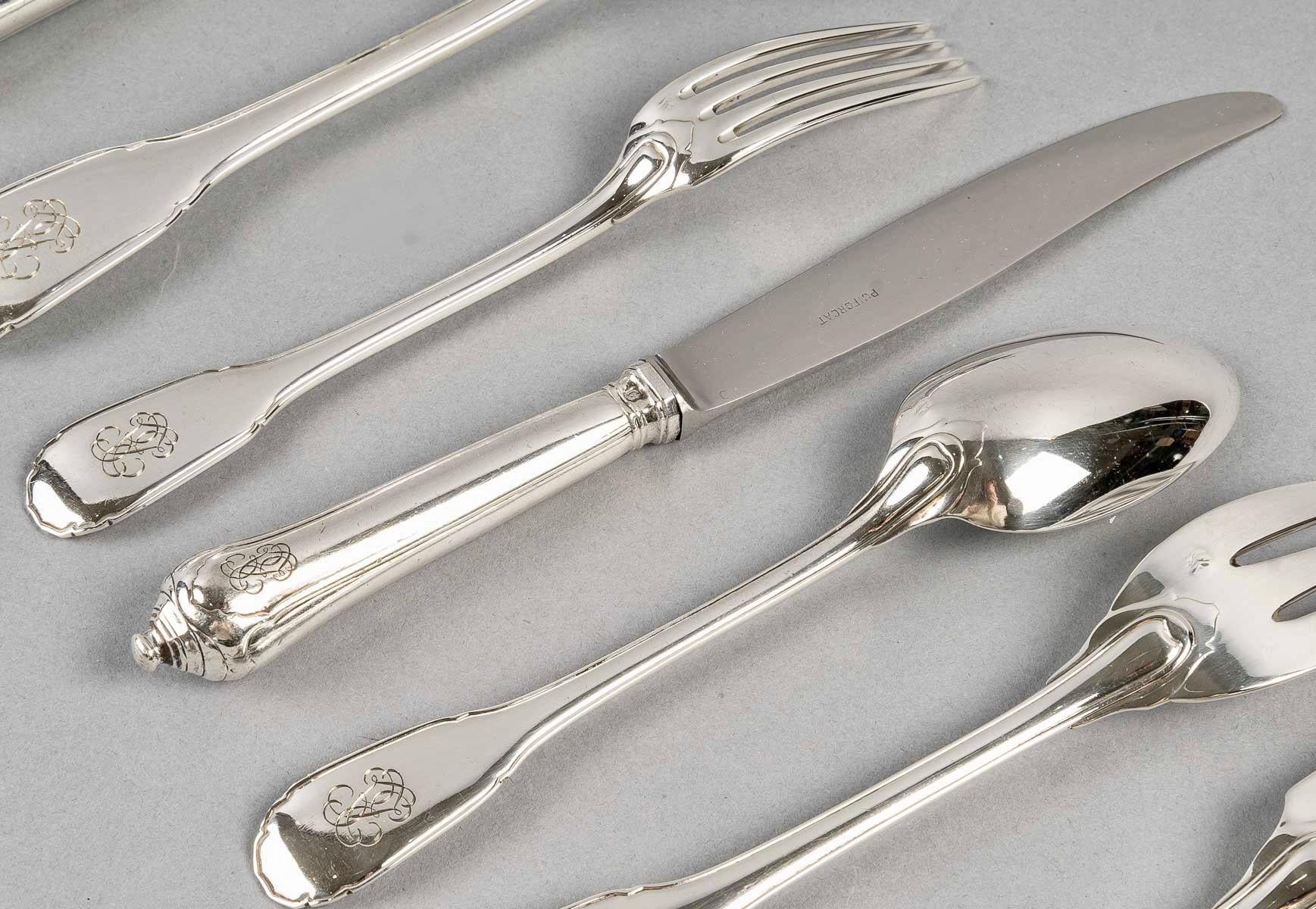 Danish Puiforcat, Cutlery Flatware Set Noailles Sterling Silver, 116 Pieces