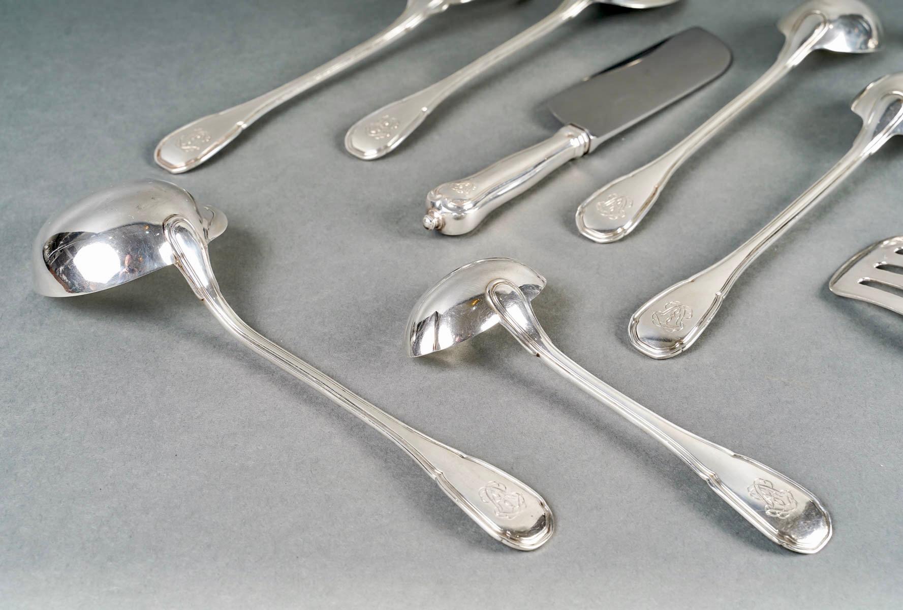 20th Century Puiforcat - Cutlery Flatware Set Noailles Sterling Silver - 145 Pieces For Sale