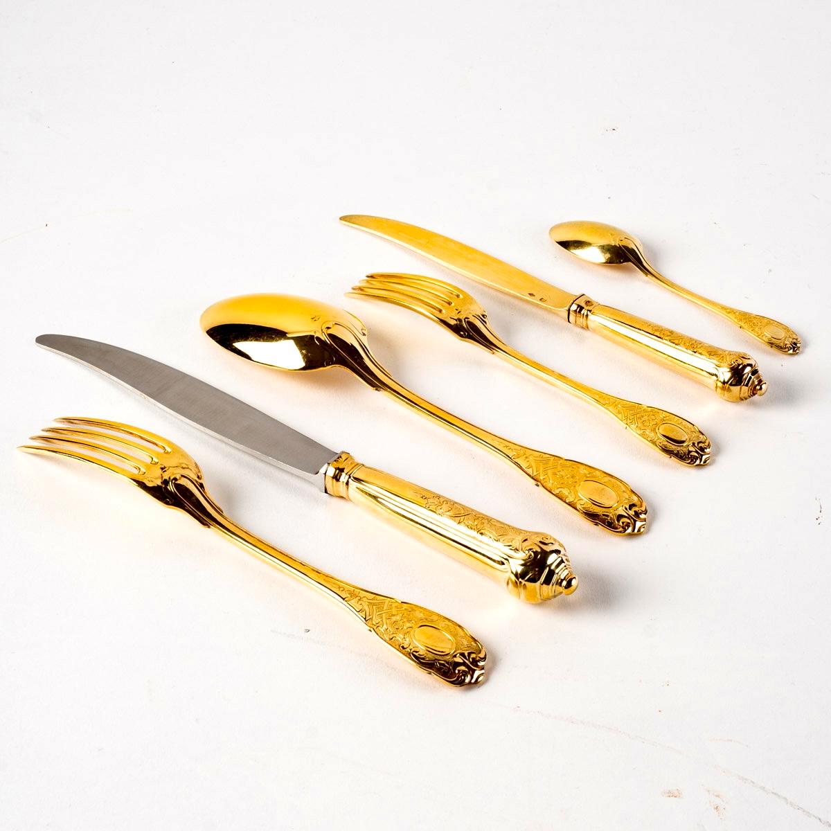 Louis XIV Puiforcat, Elysée Vermeil Gold Sterling Silver Flatware Cutlery Set, 70 Pieces