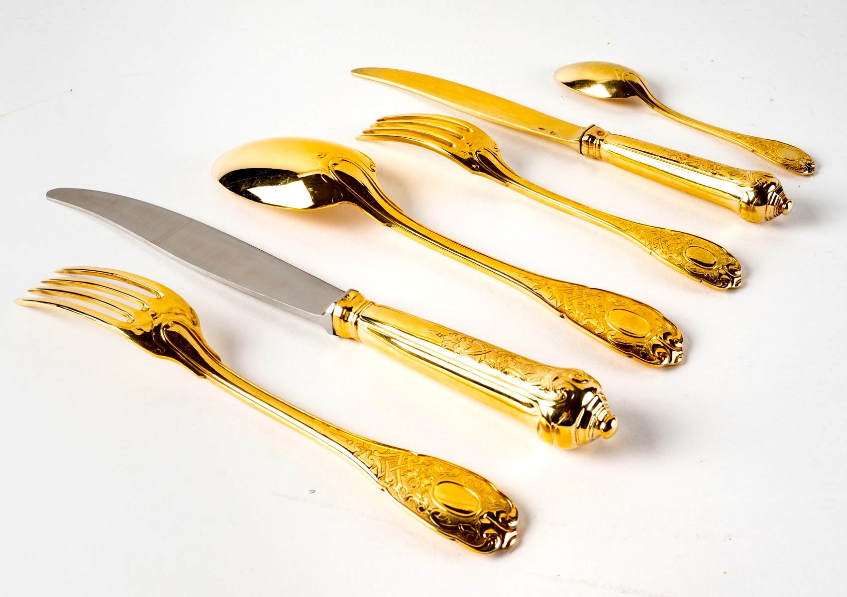 French Puiforcat, Elysée Vermeil Gold Sterling Silver Flatware Cutlery Set, 70 Pieces