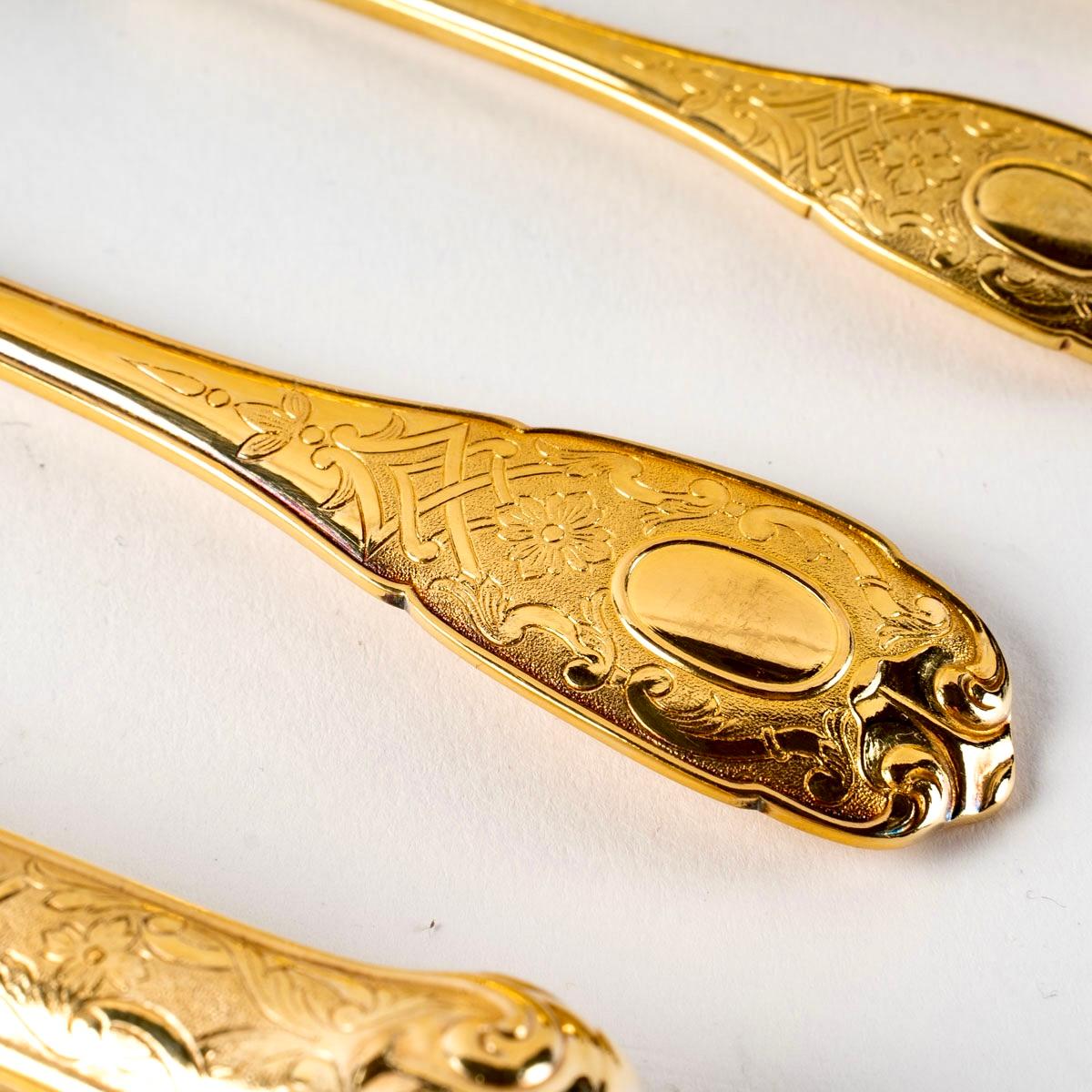 20th Century Puiforcat, Elysée Vermeil Gold Sterling Silver Flatware Cutlery Set, 70 Pieces
