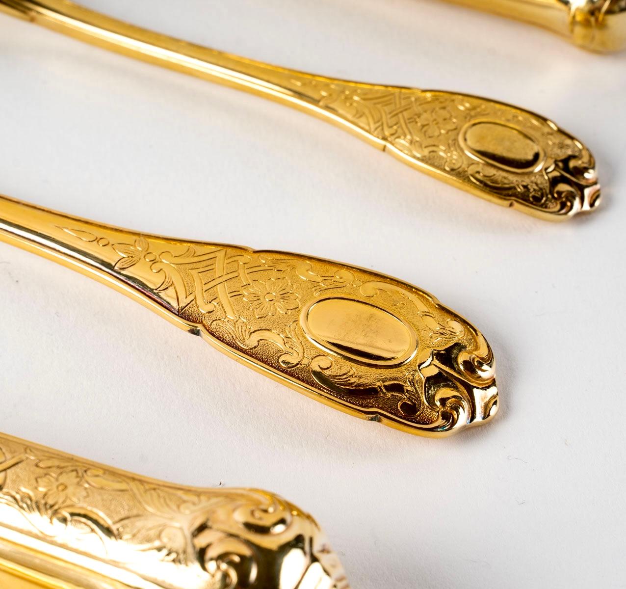 Puiforcat, Elysée Vermeil Gold Sterling Silver Flatware Cutlery Set, 70 Pieces 1