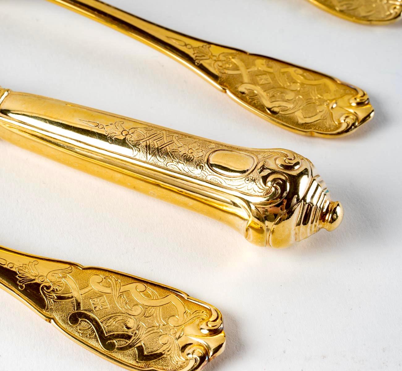 Puiforcat, Elysée Vermeil Gold Sterling Silver Flatware Cutlery Set, 70 Pieces 2