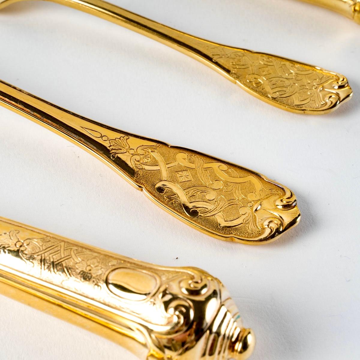 Puiforcat, Elysée Vermeil Gold Sterling Silver Flatware Cutlery Set, 70 Pieces 3